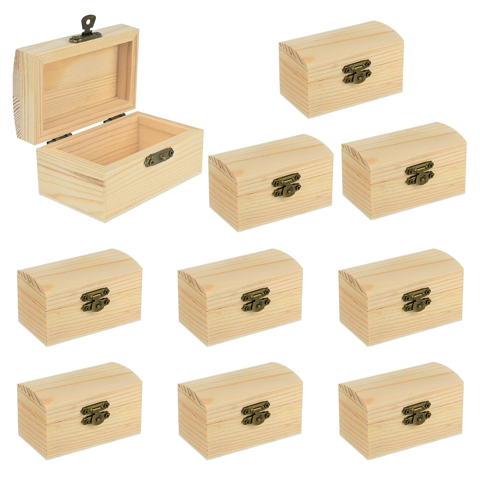 Yicaam Wood Color 10 Pcs Small Unfinished Wooden Treasure Chest Box (9X5x4.5cm) Mini Wood Treasure Box With Locking Clasp For Diy Crafts And Party Favor