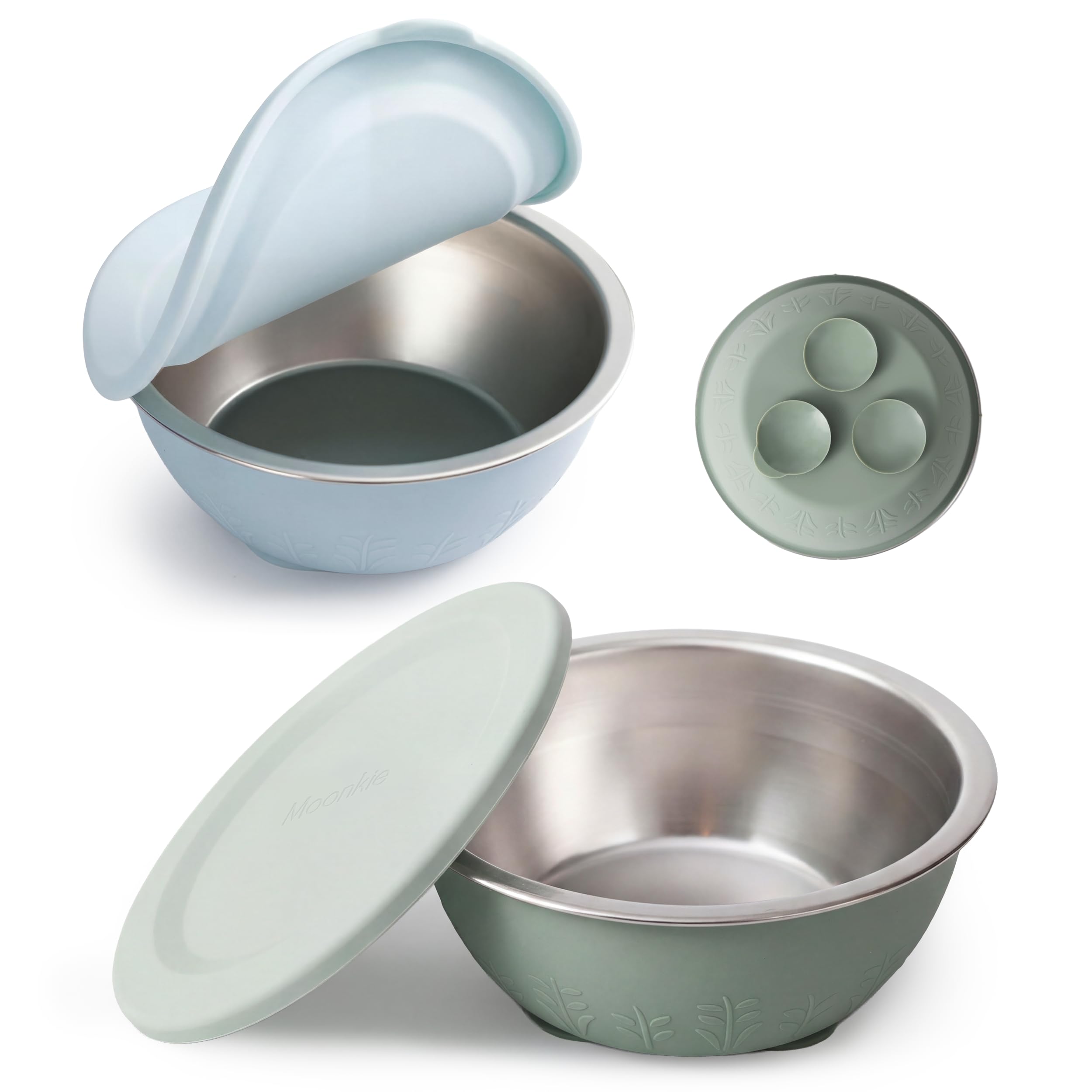 Moonkie Baby-Schalen aus Edelstahl mit Silikondeckeln und Saugbasis | Nahtloses Einteildesign | BPA-frei | 13 oz | Spülmaschinenfest | Ideal für Beikost ab 4M+ | 2er-Pack (Pastellblau/Salbeigrün)