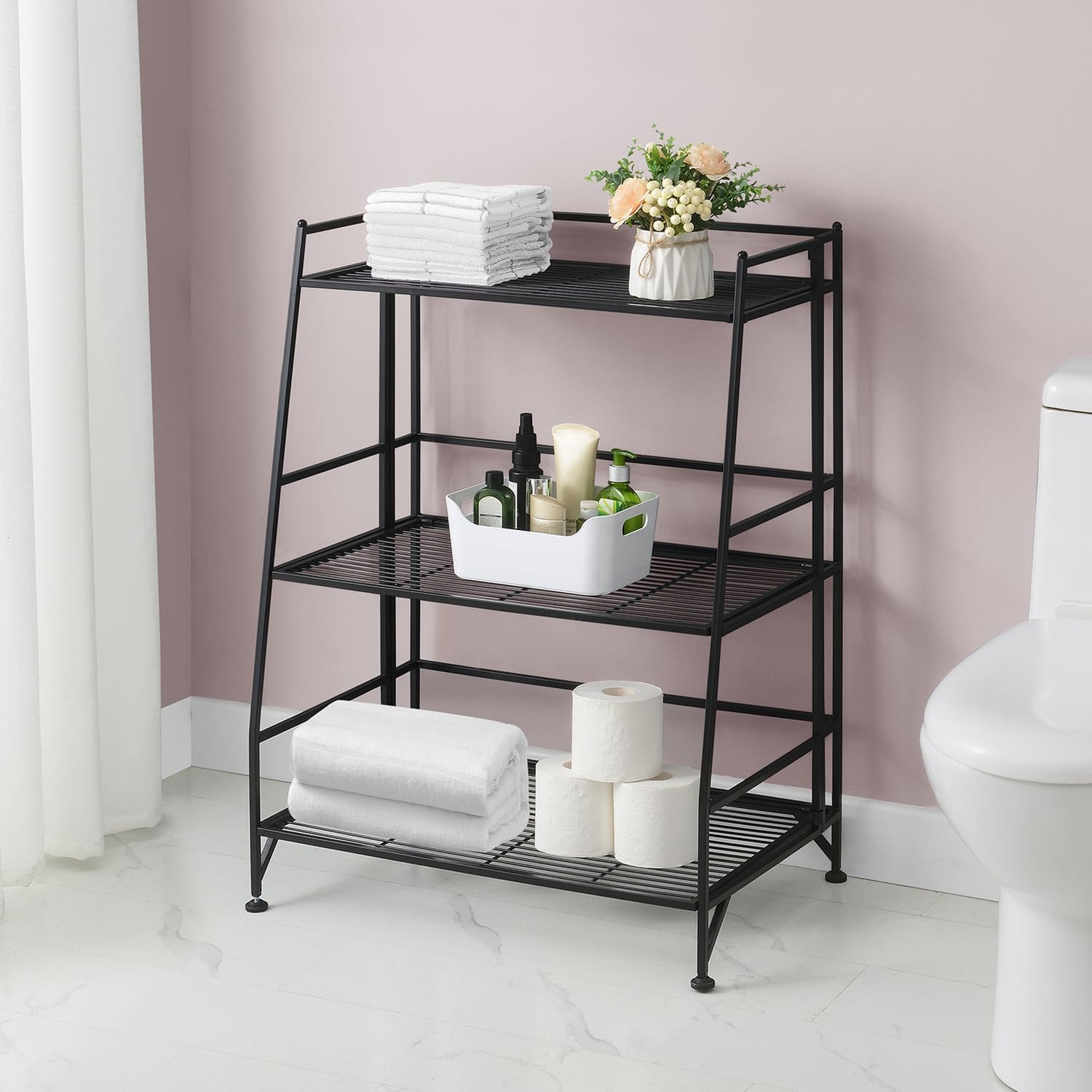 HomeStock Retro Relaxation 3-Tier Ladder Folding Shelf, Modern Powder-Coated Metal Frame, Wide Shelves for Storage, Foldable Space-Saving Design, No Assembly Required
