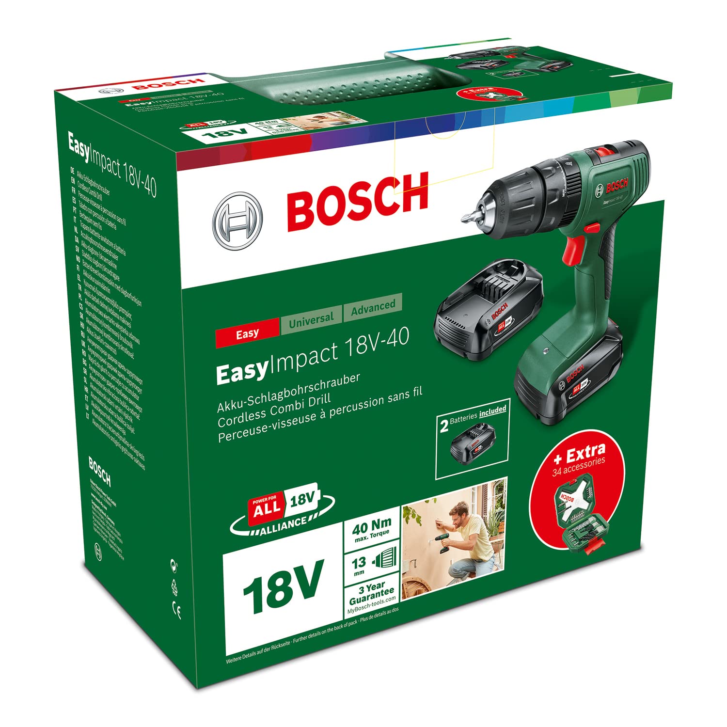 Bosch taladro percutor a batería EasyImpact 18V-40 (2x batería de 2,0 Ah, sistema de 18 V, set de destornilladores y brocas para madera, piedra y metal de 43 piezas, en caja)