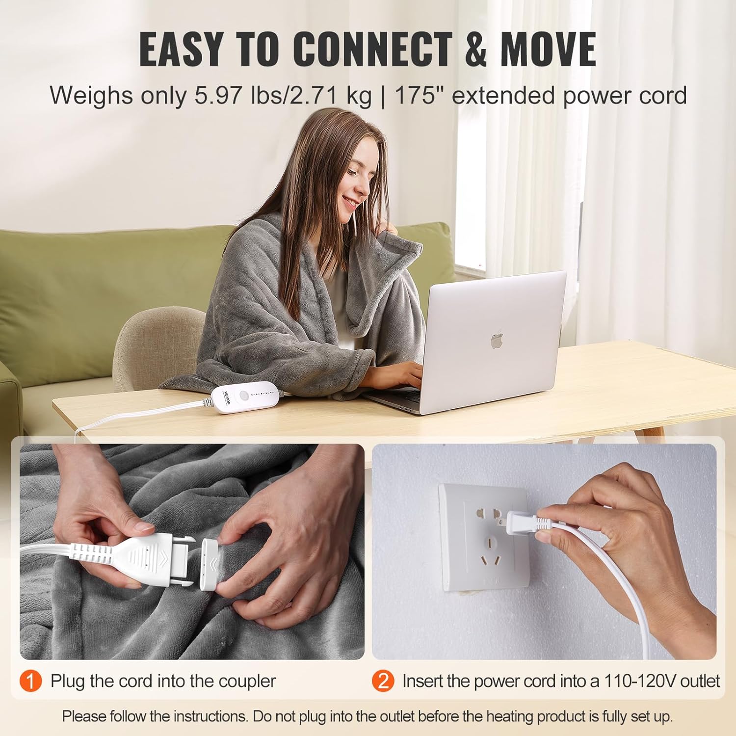 VEVOR Heated Blanket Electric Throw, 72" x 84" Full Size, Soft Flannel Heating Blanket with 10 Hours Timer Auto-Off & 5 Heating Levels for Couch Sofa, Machine Washable, ETL & FCC Certification (Grey)