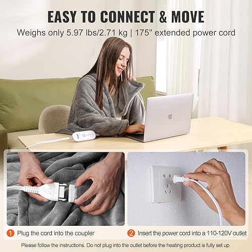 Miniatura 5 de VEVOR Manta térmica eléctrica, tamaño matrimonial de 72 x 84 pulgadas, manta térmica de franela suave con temporizador de 10 horas de apagado