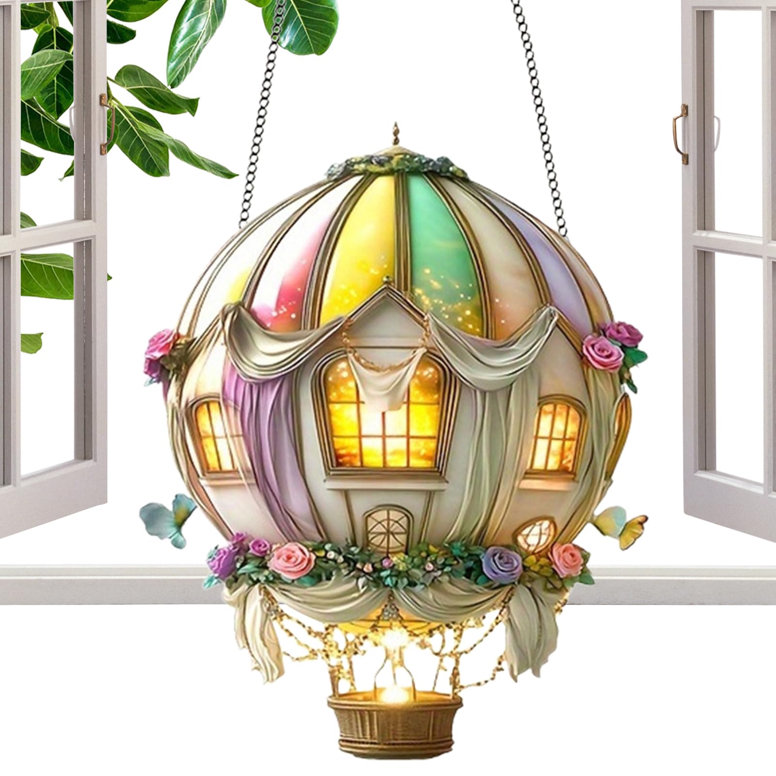 Lampa Balon Na Gorące Powietrze - Ozdoby Okienne Na Zewnątrz,2D Dekoracyjna Lampa z Migoczącym Płomieniem do Ogrodu Tarasu Domu Ścieżki