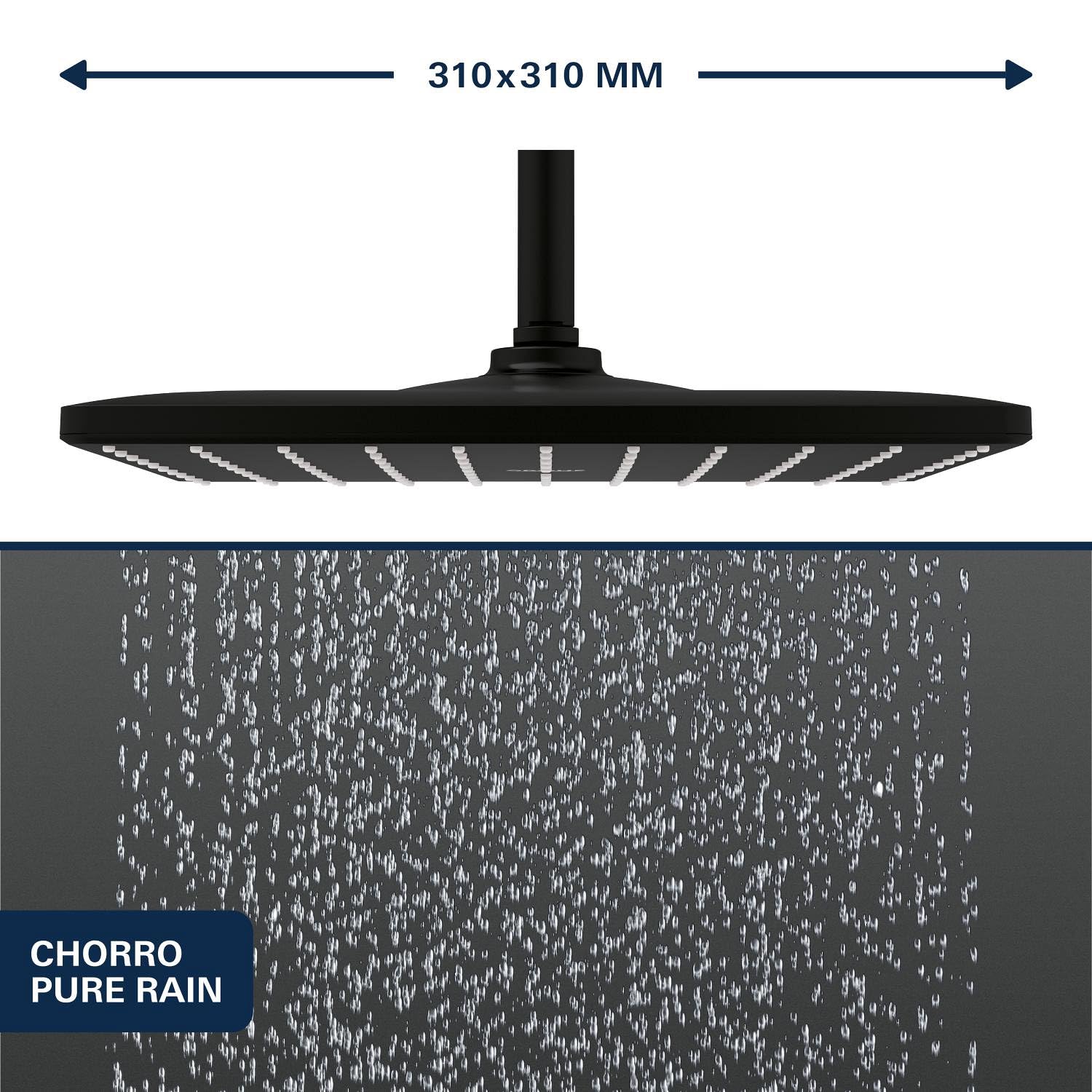 GROHE Rainshower 310 Mono Cube - Conjunto de ducha de techo (Cabezal 310mm, brazo 142mm, chorro PureRain, ahorro de agua), forma cuadrada, Phantom Black (negro mate), 26566KF0