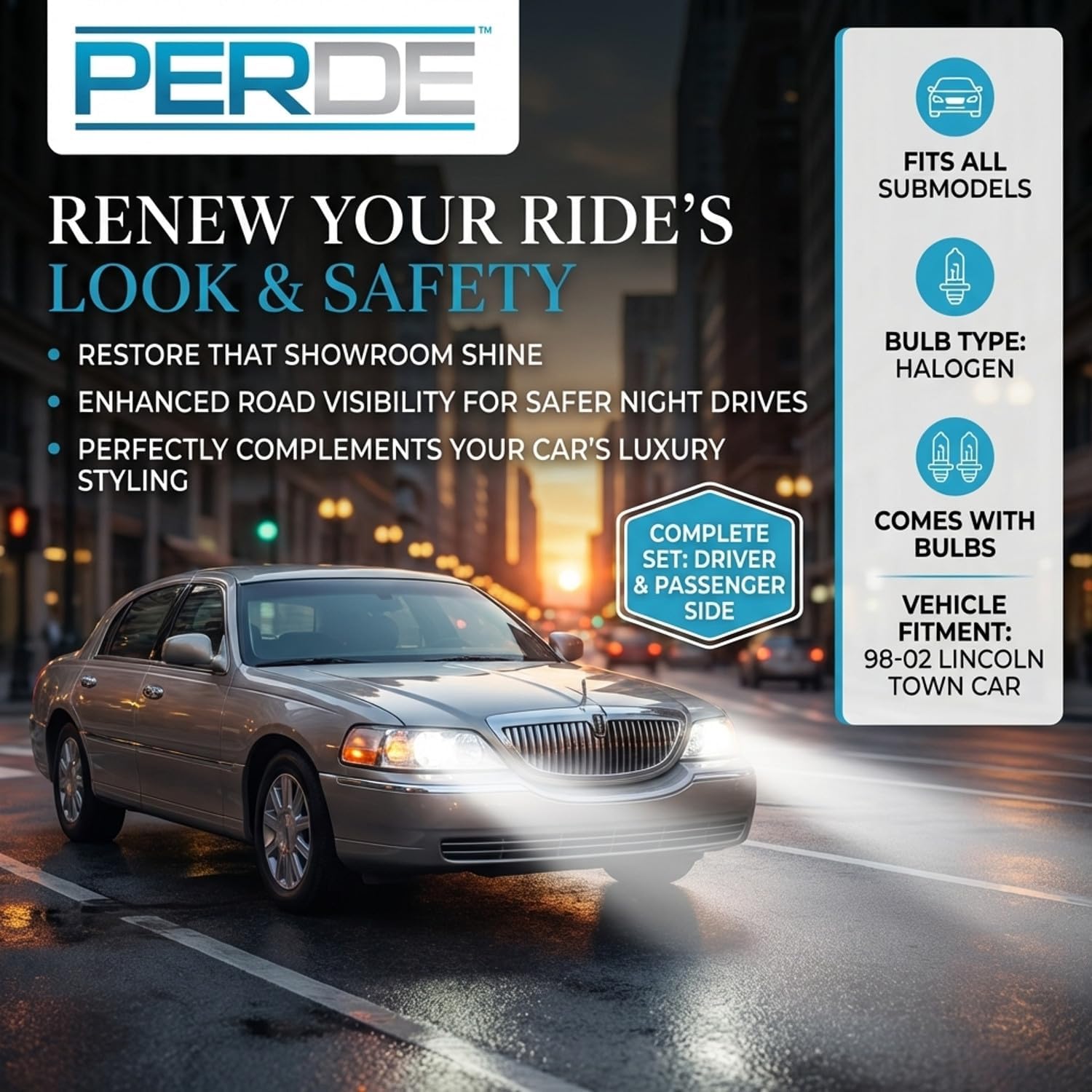 PERDE Headlight Set Compatible with Lincoln Town Car 98-02 Halogen With Performance Lens Passenger and Driver Side