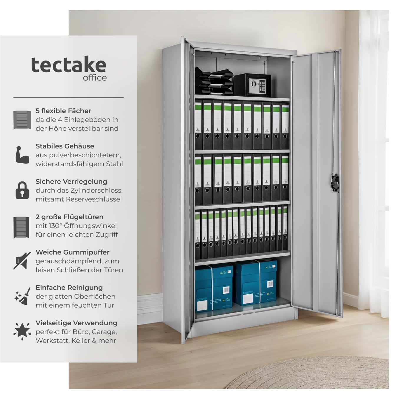 tectake® Aktenschrank, Büroschrank abschließbar, Mehrzweckschrank aus Stahl, Allzweckschrank mit 2 Türen, inkl. 3 höhenverstellbare Einlegeböden, Aktenschrank abschließbar 180x80x40 cm - grau