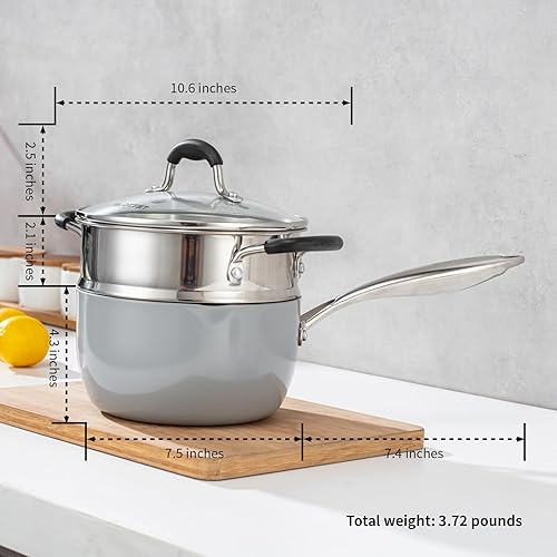 Miniatura 4 de Sartén de cerámica antiadherente de acero inoxidable de tres capas con vaporizador, olla multiusos pequeña de 2.5 cuartos de galón con boquilla de