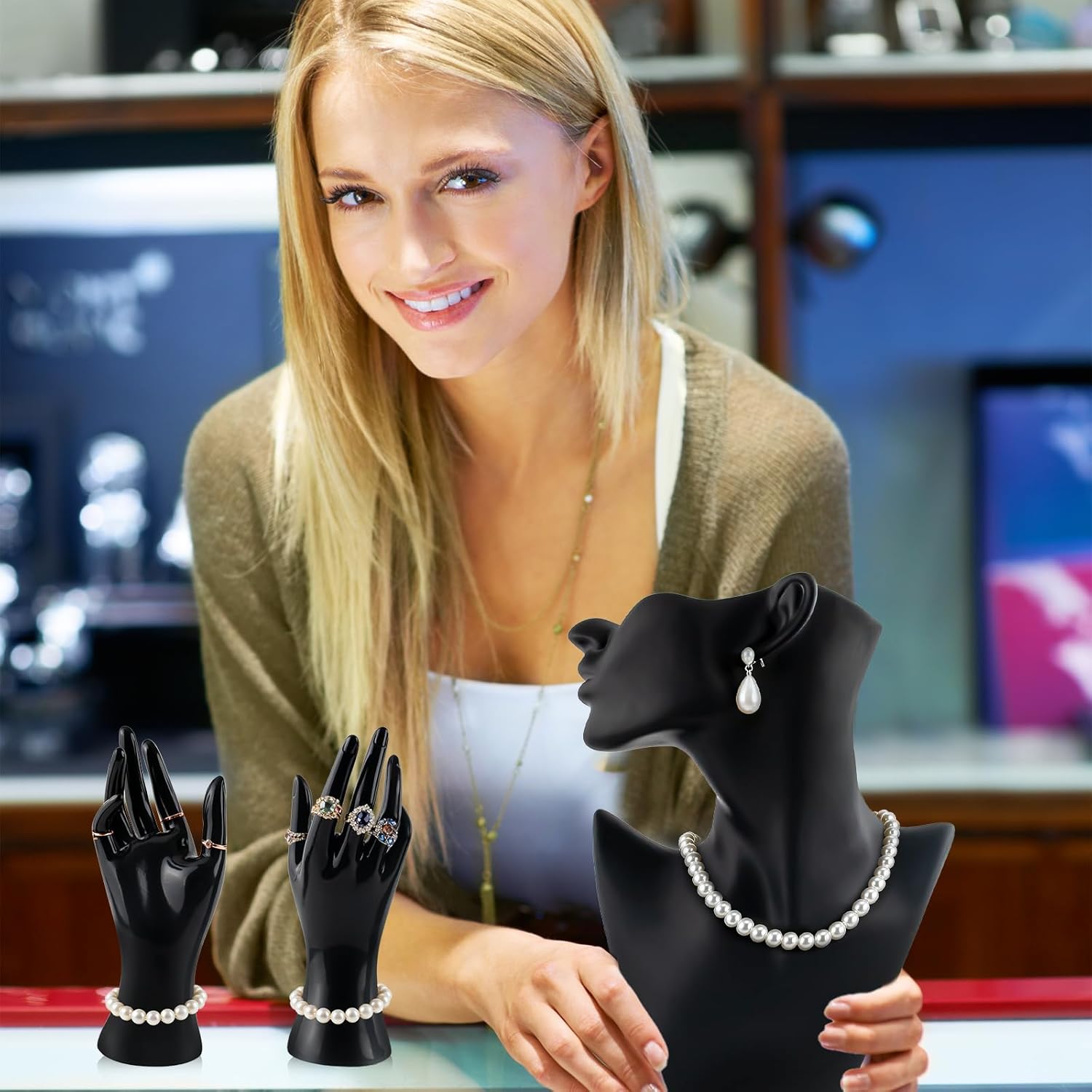 3 Pcs Jewelry Mannequin Display Set Including Boutique Bust Holder Mannequin Earring Stand Hand Display Bracelet Ring Stand for Selling Show(Black)