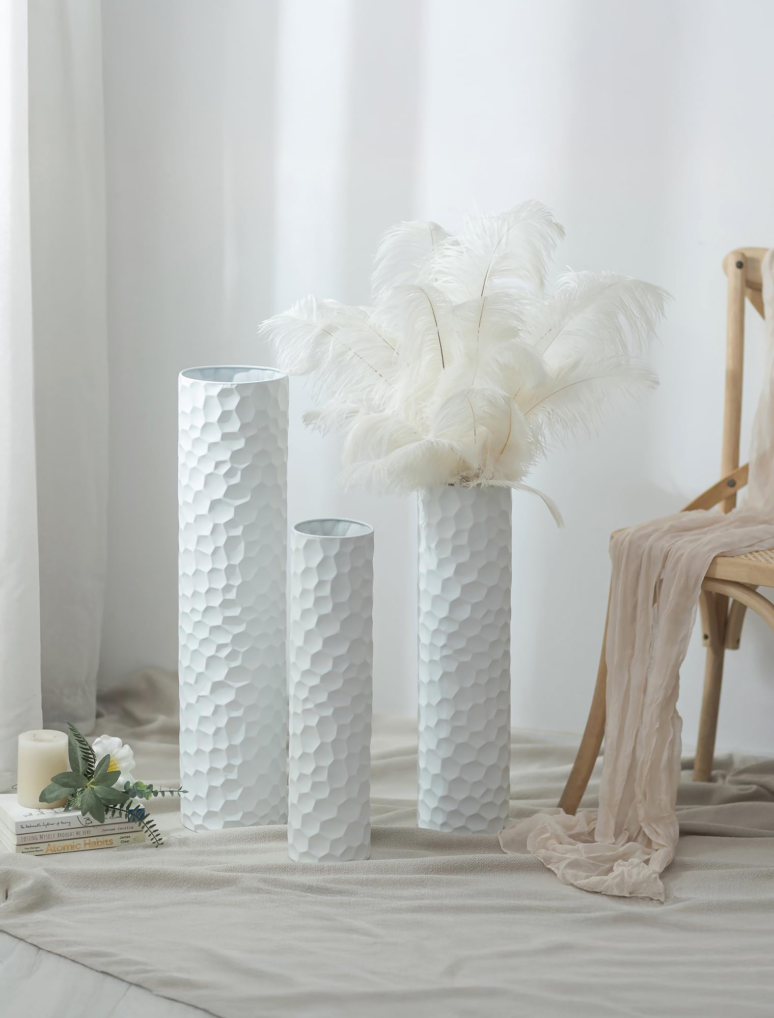 Sziqiqi Vaso da Terra Alto Bianco: Vasi Alti Extra Grandi Per Soggiorno 70/60/50 cm - Metallo Vaso da Pavimento Giganti Alti Set di 3 per Camera da Letto Ufficio Corridoio