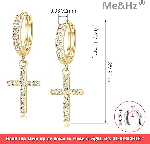 Miniatura 4 de Aretes de aro chapados en oro de 14 quilates, aretes de cruz de oro de moda para mujer, aretes pequeños de circonita cúbica, aretes colgantes de