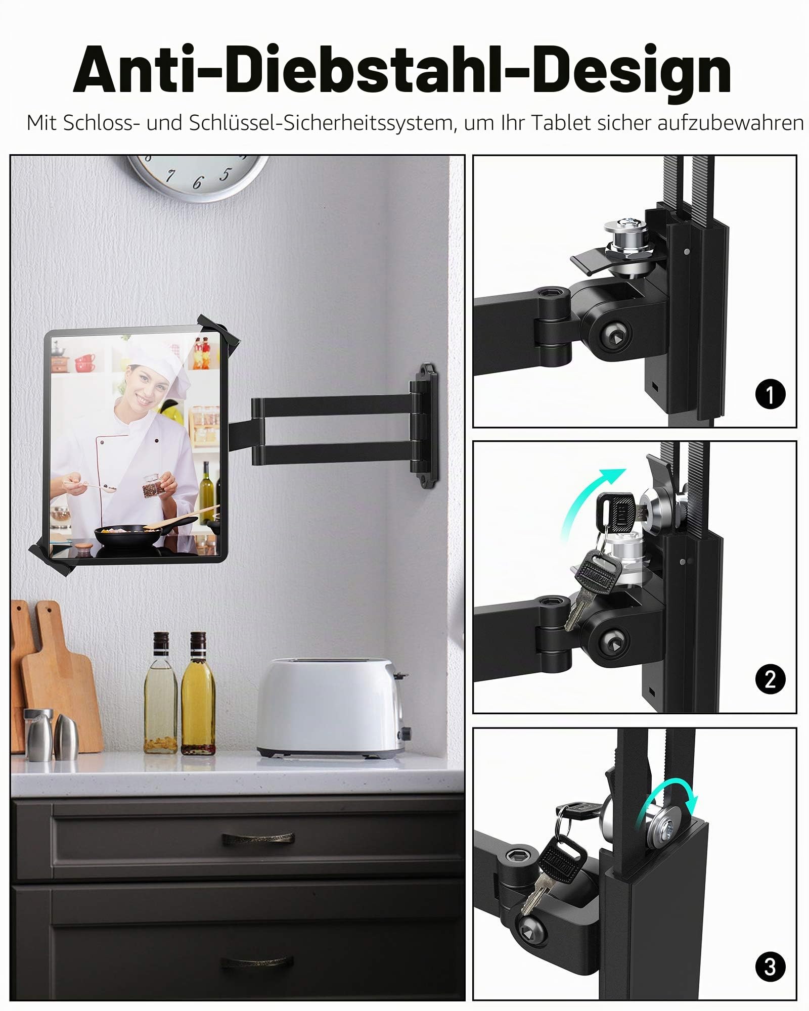 AboveTEK Tablet Wandhalterung iPad Ständer für 7-11Zoll Tablets/iPad/Galaxy Tab/Slate/Fire Tablet Halterung mit Anti-Diebstahl-Sicherheitsschloss und -Schlüssel schwarz