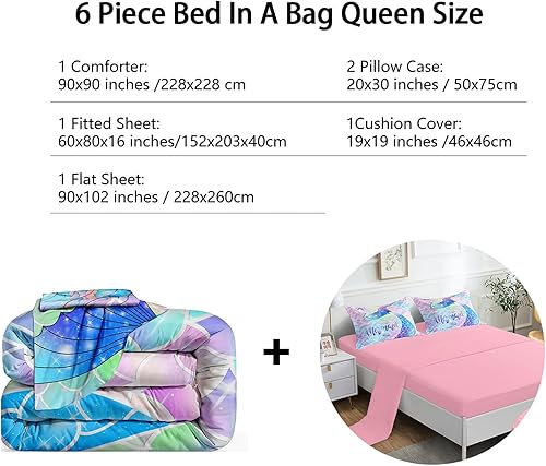 Miniatura 2 de MRY503 - Juego de edredón de 6 piezas con purpurina y escamas de sirena, diseño de estrella de mar, diseño de cola de sirena en una bolsa, tamaño