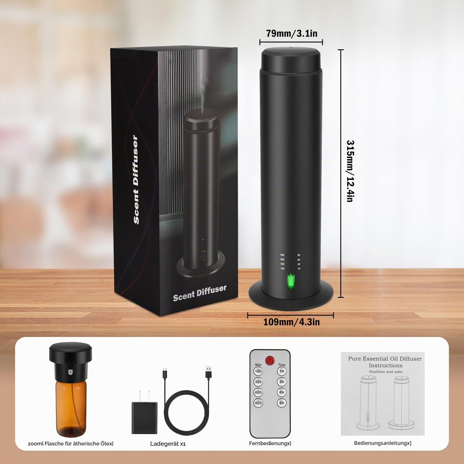 Wasserloser Duftdiffusor für ätherische Öle für Hotels, ganze Häuser, große Räume, Büros, Zuhause, 200 ml, große Kapazität，Reichweite 135 m². (Schwarz) (XL)
