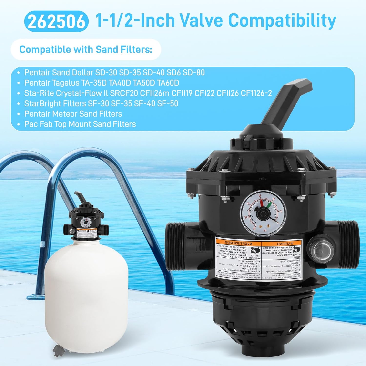 262506 1-1/2-Inch 6-Way Clamp Style Valve Replacement Compatible with pentair 262506 Valves/Sand Dollar/Tagelus/Meteor, Multiport 262506 Pool and Spa Sand Filter