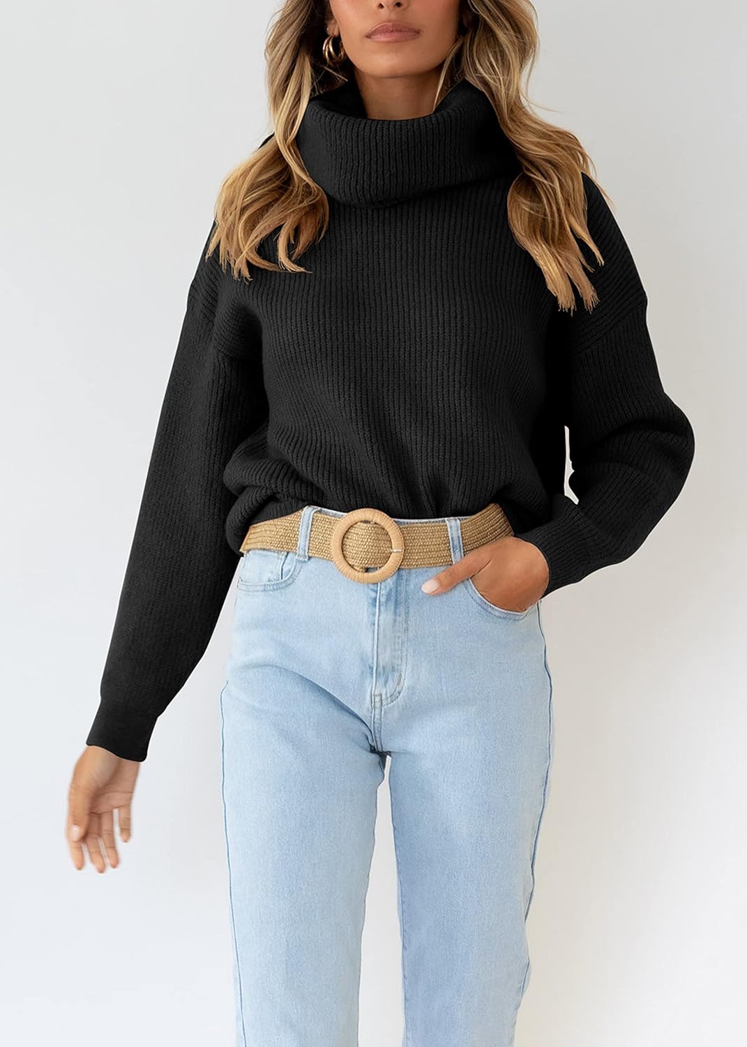 Womens Turtleneck Drop Shoulder Sweaters Chunky Knit Long Sleeve Oversized Sweater Fall Winter Pullover Jumper Tops - Image 3