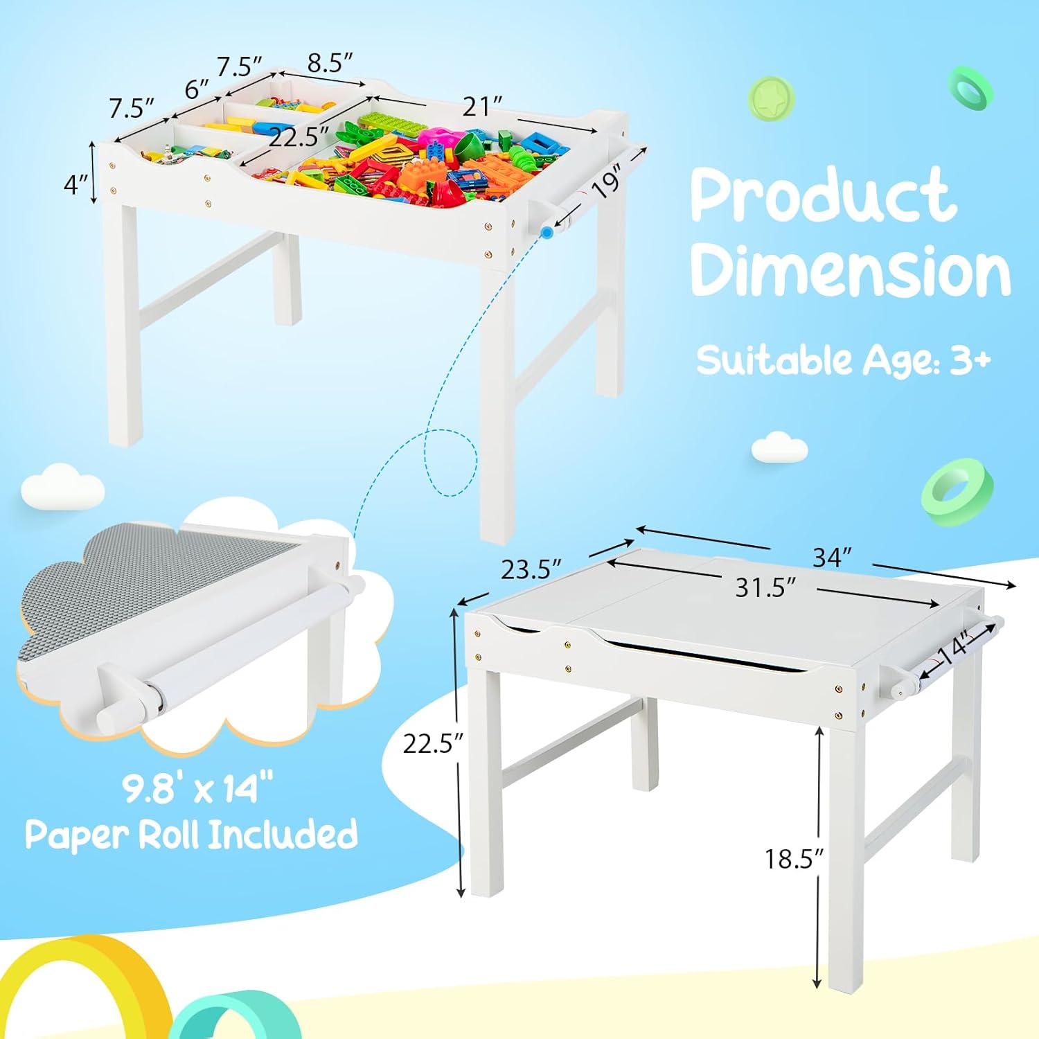HONEY JOY Kids Table, 2 in 1 Toddler Wooden Activity Table with Paper Roll, Convertible Building Block Tabletop, 3 Storage Compartments, Children Furniture Set for Daycare, Playroom, White