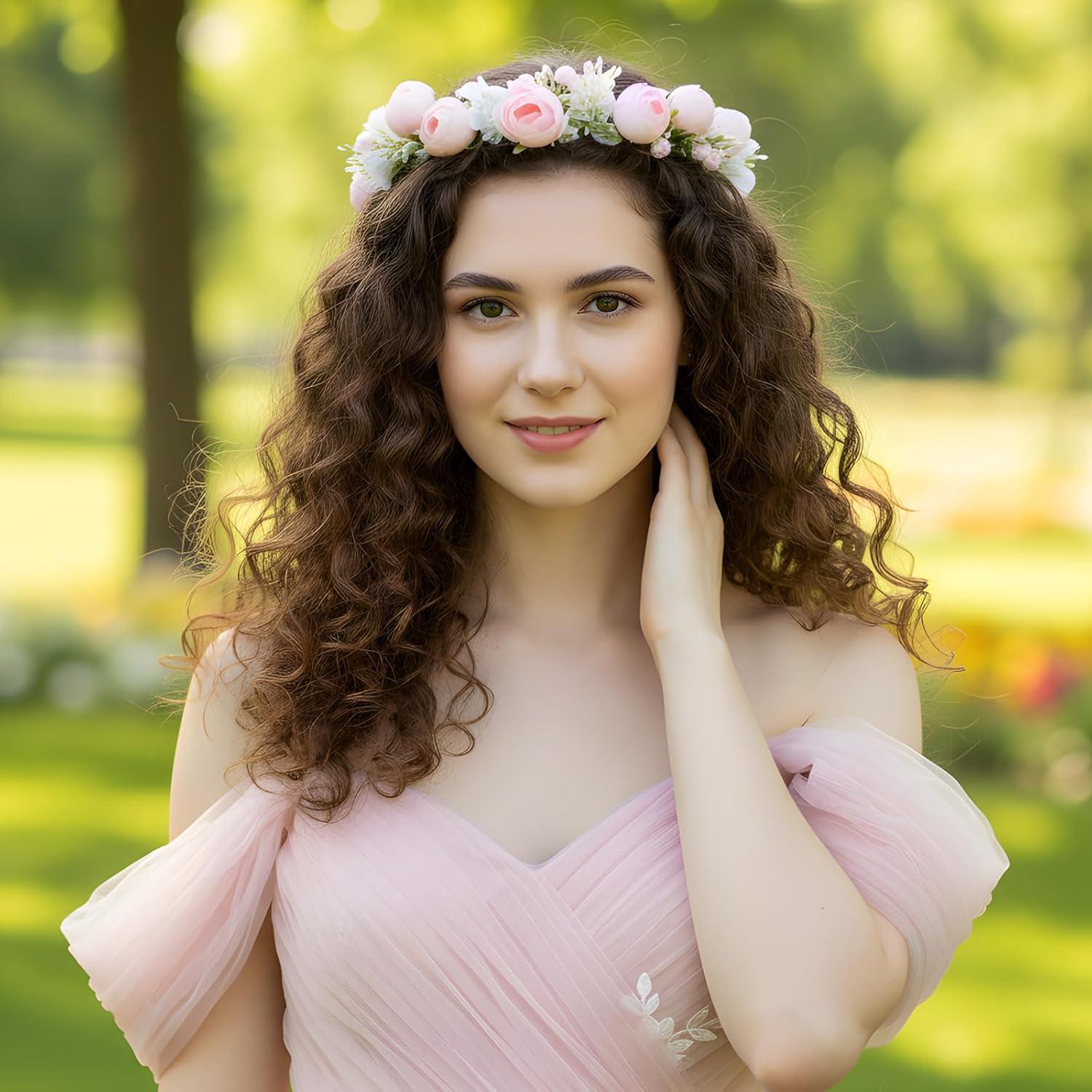 Fairy Pink Flower Crown, Artificial Boho Rose Floral Headpiece, Adjustable Forest Woodland Flower Headbands for Women Girls Maternity Wedding Renaissance Festival Party Hair Accessories - Image 3