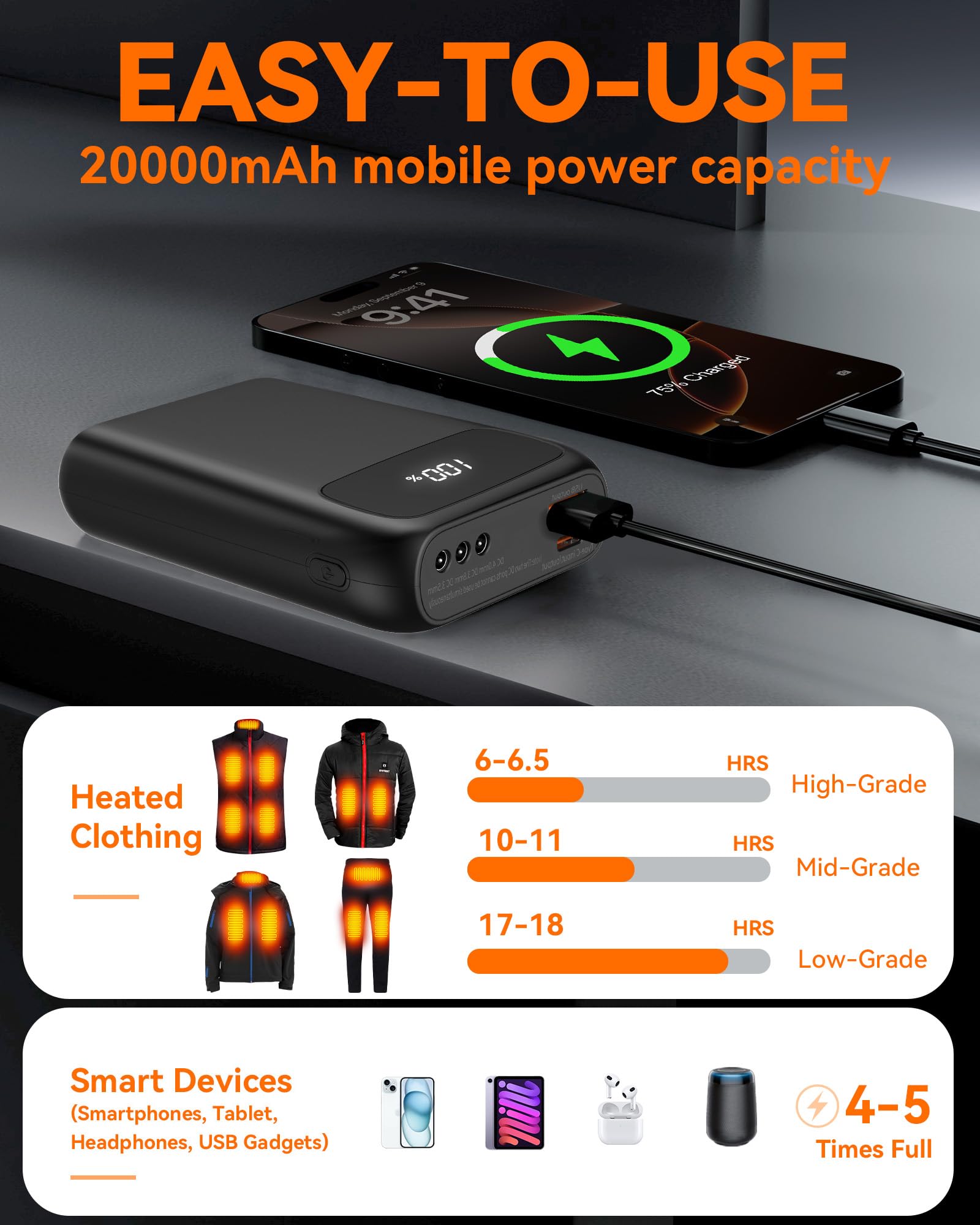 Batterie externe pour gilet chauffant - 7,4 V 3 A 20 000 mAh avec 3 sorties CC 3,5/3,8/4,0 mm - Rechargeable pour vestes chauffantes ORORO et Venustas, gilets, pantalons, sous-vêtements