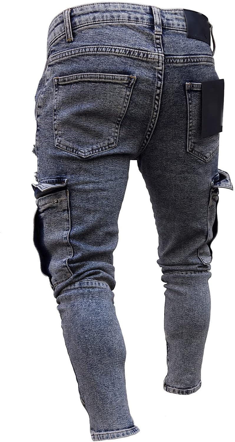 DGHM-JLMY Men's Ripped Casual Slim Jeans Distressed Fitted Skinny Denim Pants Destroyed with Pockets Biker Stretch Jeans