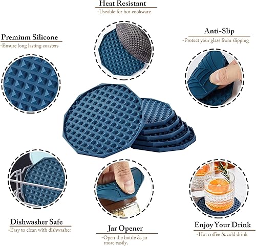 Miniatura 3 de Coga Juego de 6 posavasos con soporte, posavasos de silicona para cualquier tipo de mesa, mesas de madera, piedra, aptos para lavavajillas,