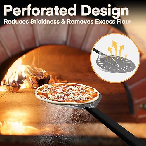 Miniatura 6 de Pela giratoria de pizza de 9 pulgadas, aluminio perforada con mango largo de 31 pulgadas, accesorios para horno de pizza para hornear pizzas caseras