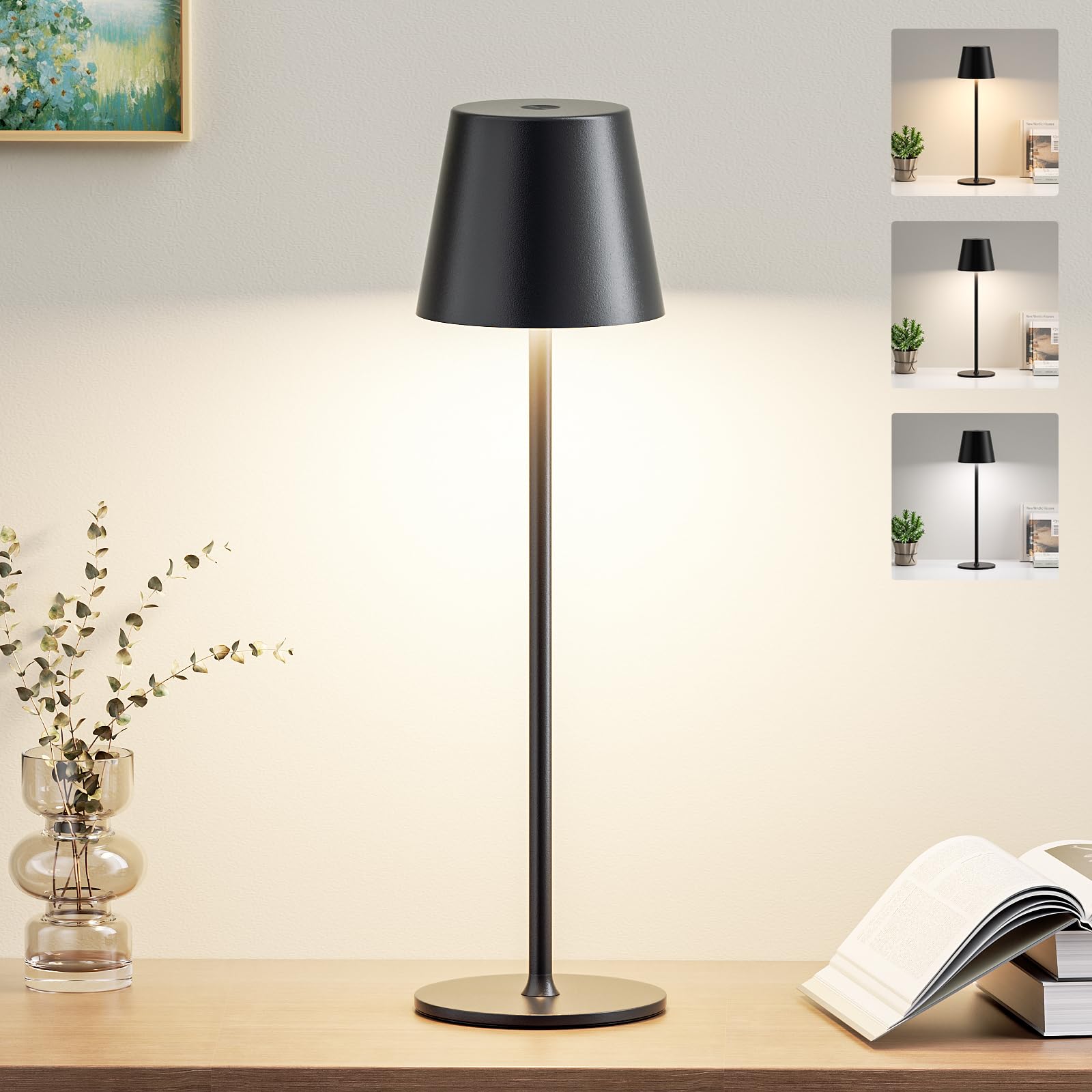 Lampe de Chevet Tactile Sans Fil, 3 Température de Couleur, Intensité Variable, Lampe de Table LED Rechargeable pour Chambre Salon Camping Jardin Café Extérieur(Noir)