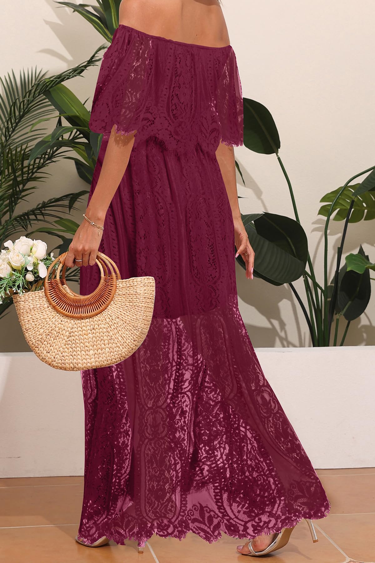 Holipick Vestido largo de encaje con hombros descubiertos para mujer, estilo bohemio, para invitada de boda, dama de honor, playa, vestido largo formal