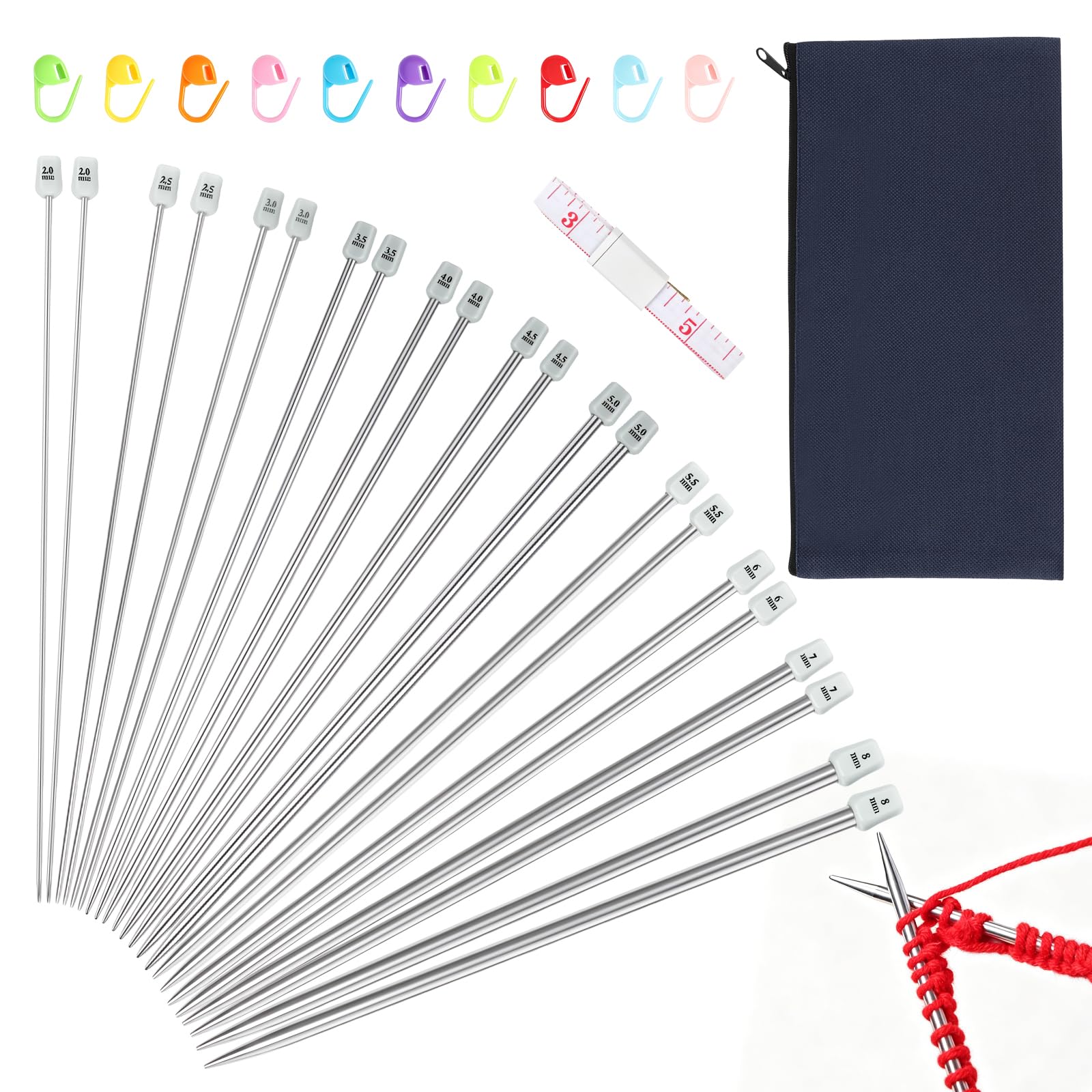 Knitting Needles Set, 25cm Long, 11 Pairs, with Storage Bag, 2.0mm-8.0mm