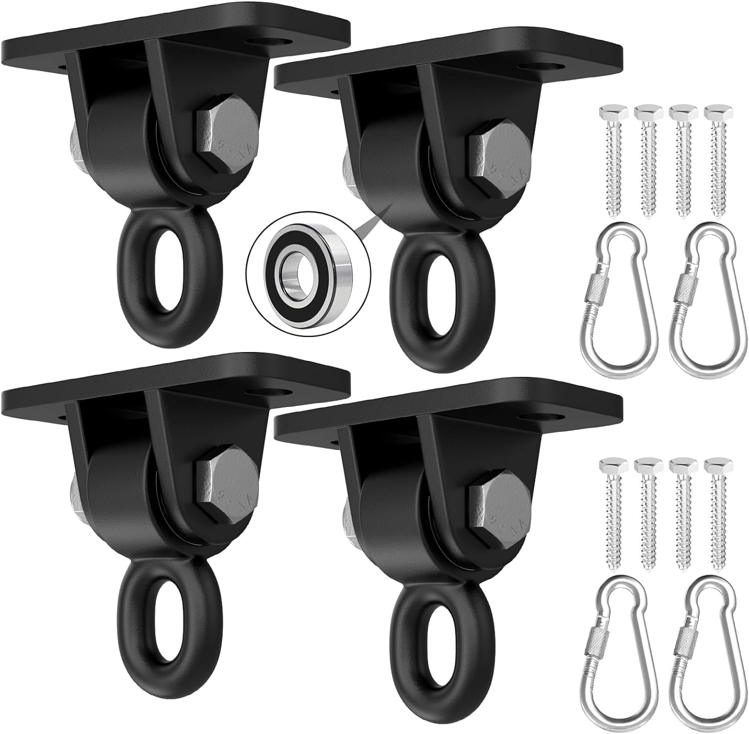 BETOOLL Swing Hangers with Bearing, Heavy Duty Porch Swing Hanging Kit for Outdoor Playground Tree Indoor Ceiling Mount Hardware Brackets Hooks for Yoga Hammock Punching Bag Accessories 4PCS Black