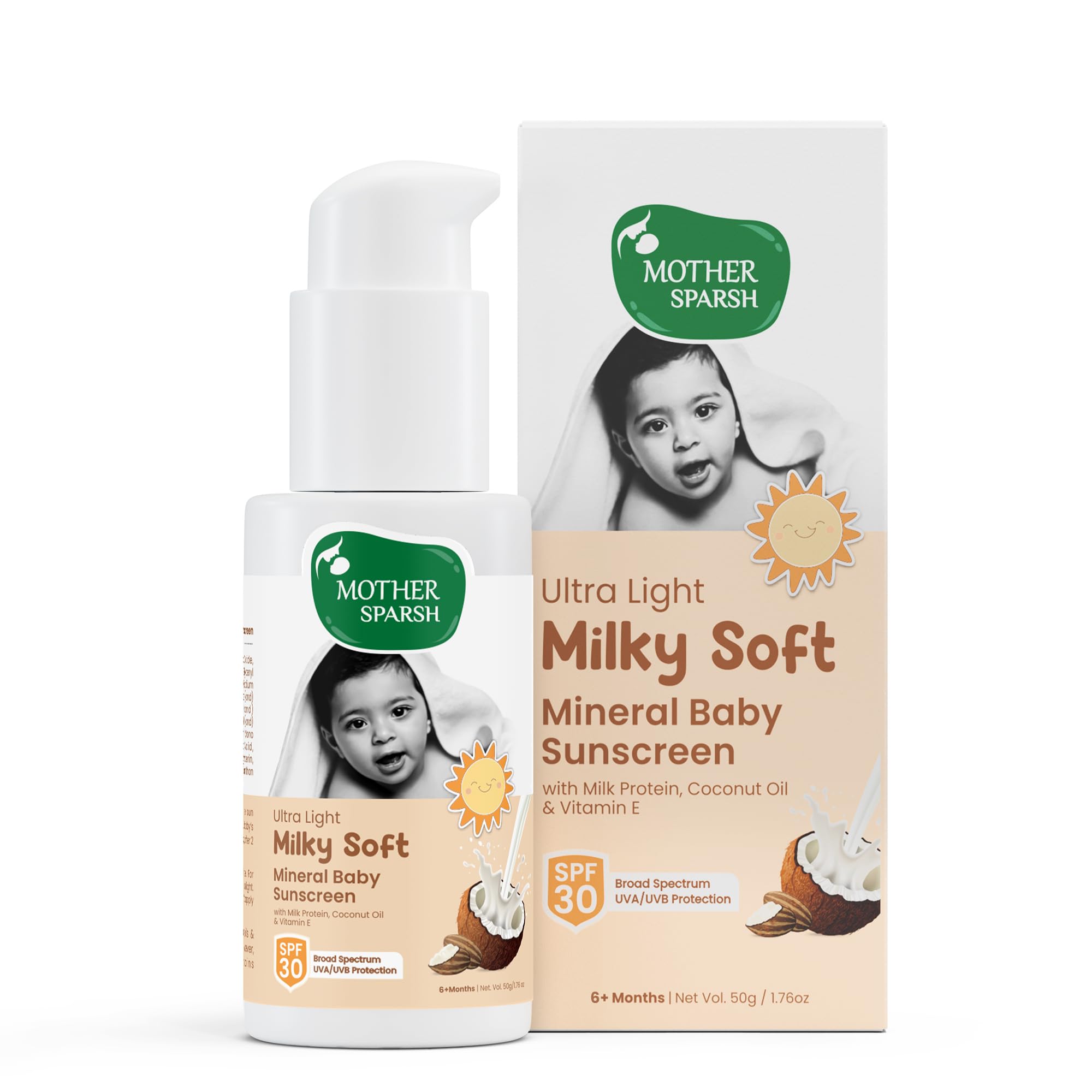 Mother Sparsh Milky Mineral Baby Sunscreen-50g | Ultra Light Sunscreen Lotion for Babies with SPF 30, Broad Spectrum UVA/UVB Protection | Sunscreen Baby Lotion With Milk Protein, Coconut Oil & Vit. E