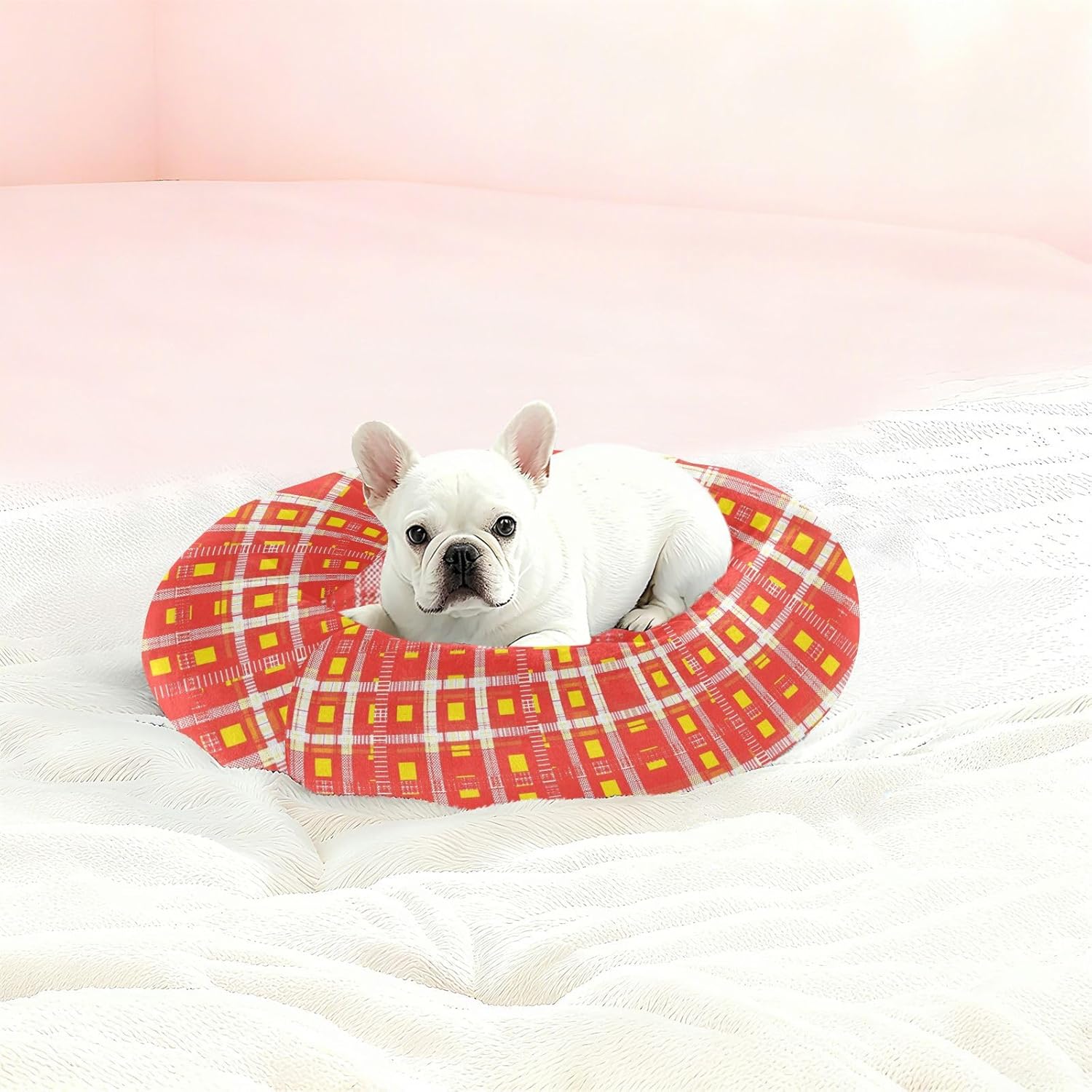 Pet Dog Bed Removable & Washable Fluffy Dog Pillow Bed for Extra Small Size Pets Sleeping M Red Yellow Checkered