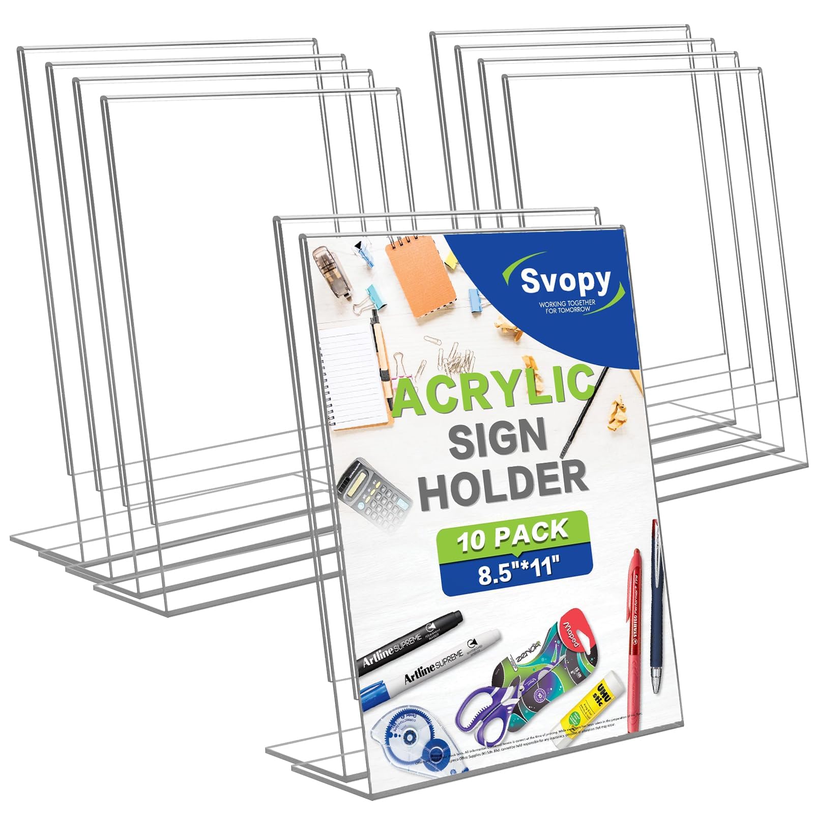 SVOPY Acrylic Sign Stand Holders - 8.5 x 11 Clear Plastic Table Paper Display Stand, Suit for Displaying Posters, Picture, Flyers, Menu - 10 Pack