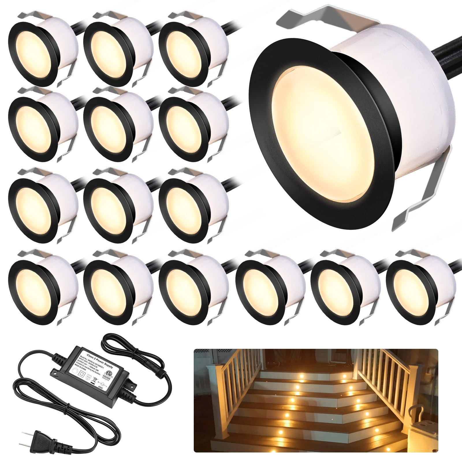 LED Deck Light Kits Warm White, Φ1.22 Recessed Step Light 16 Pack with Black Protective Shell, DC12V Low Voltage LED Deck Lighting, IP67 Waterproof Outdoor Stair Lights for Garden