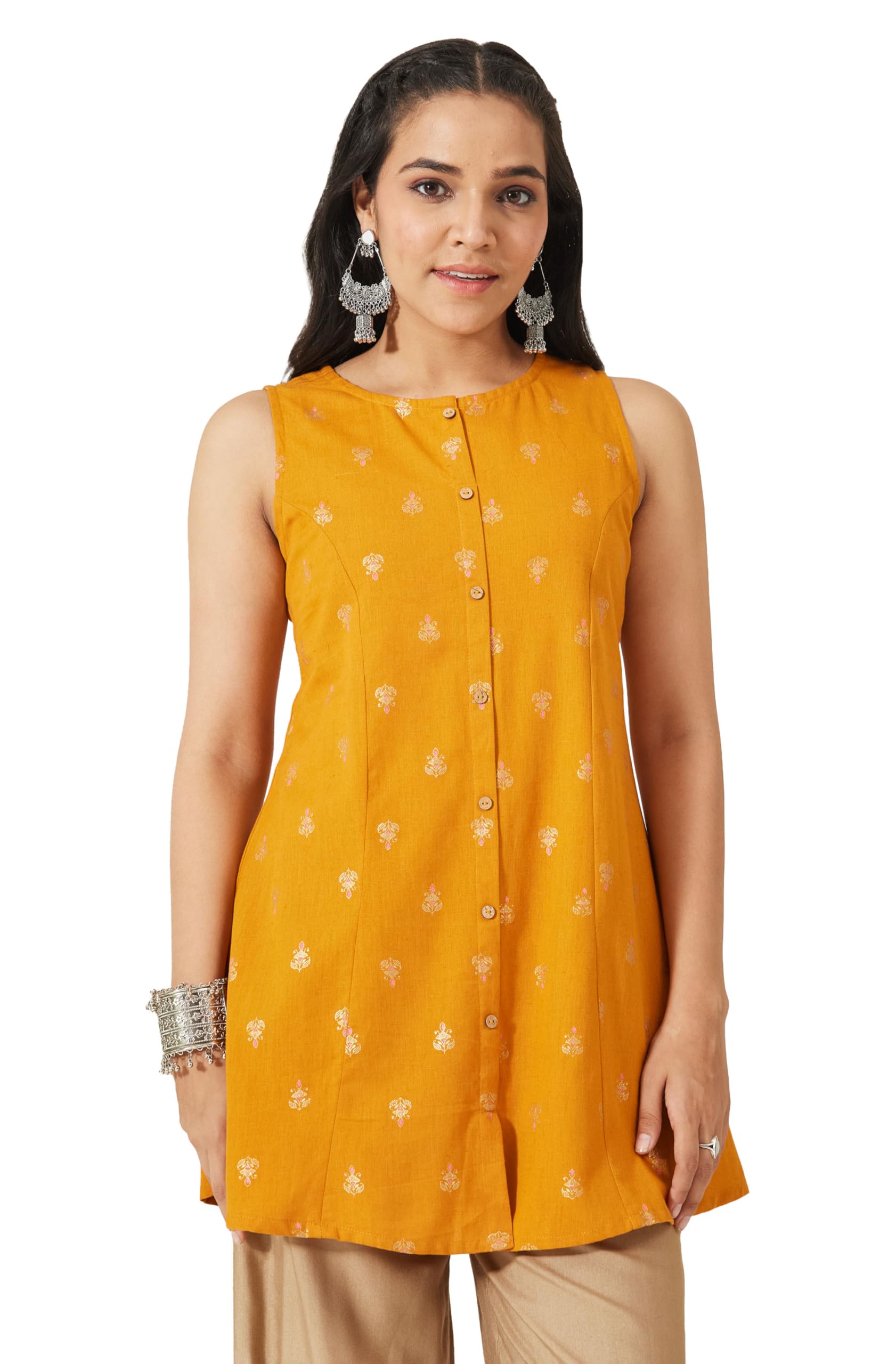 janasya Women's Mustard Linen Cotton Foil Print A-Line Tunic-picture-45