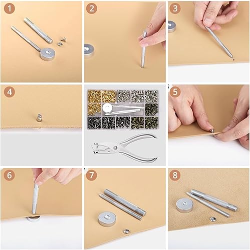 Miniatura 8 de Kamtop Juego de perforadores de cuero, 240 remaches de cuero de doble tapa con alicates perforadores resistentes, perforador giratorio de cuero