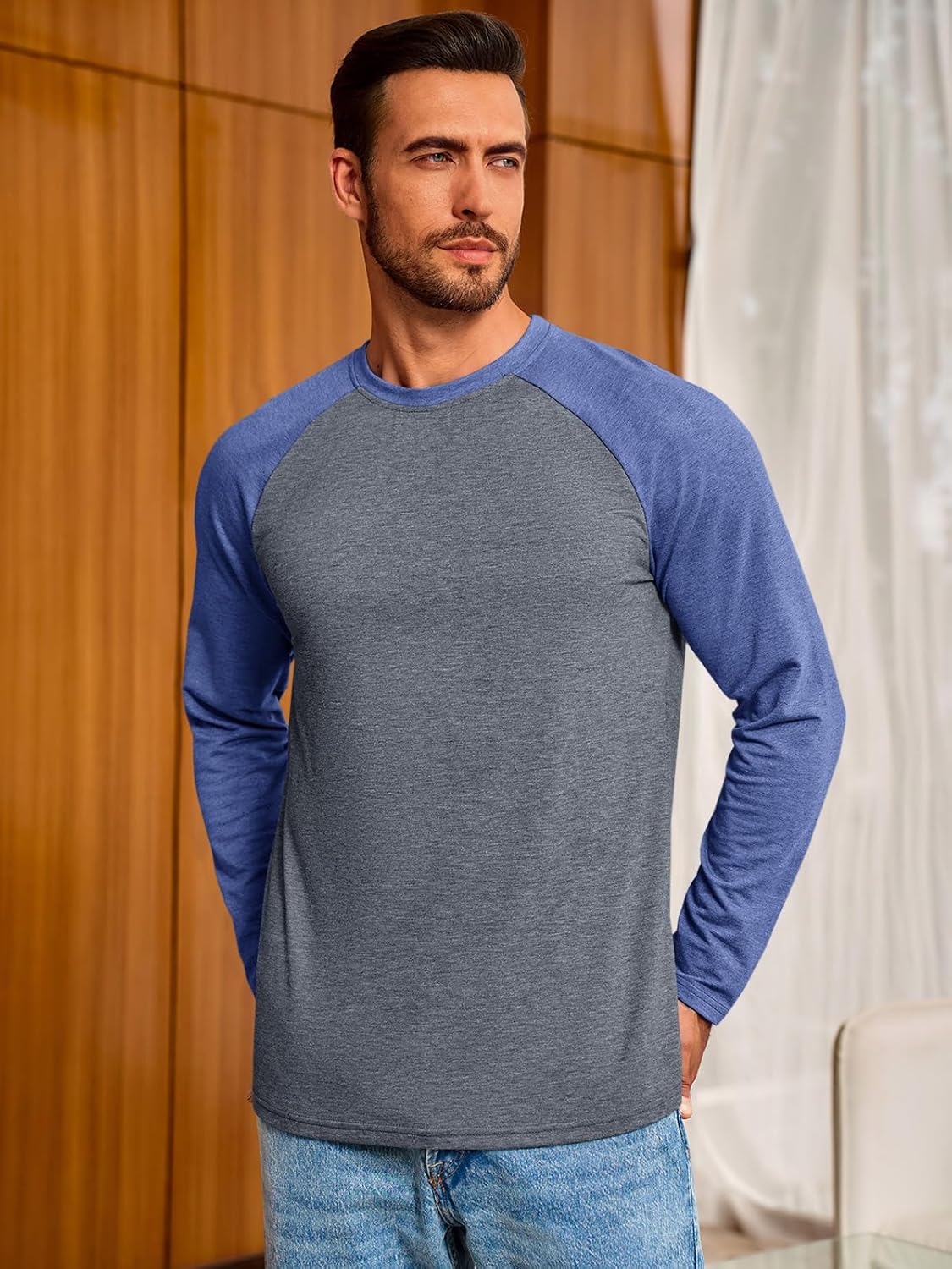 Runcati Mens Baseball Shirt Casual Raglan Long Sleeve Crewneck Graphic T-Shirt Lightweight Vintage Tops - Image 3