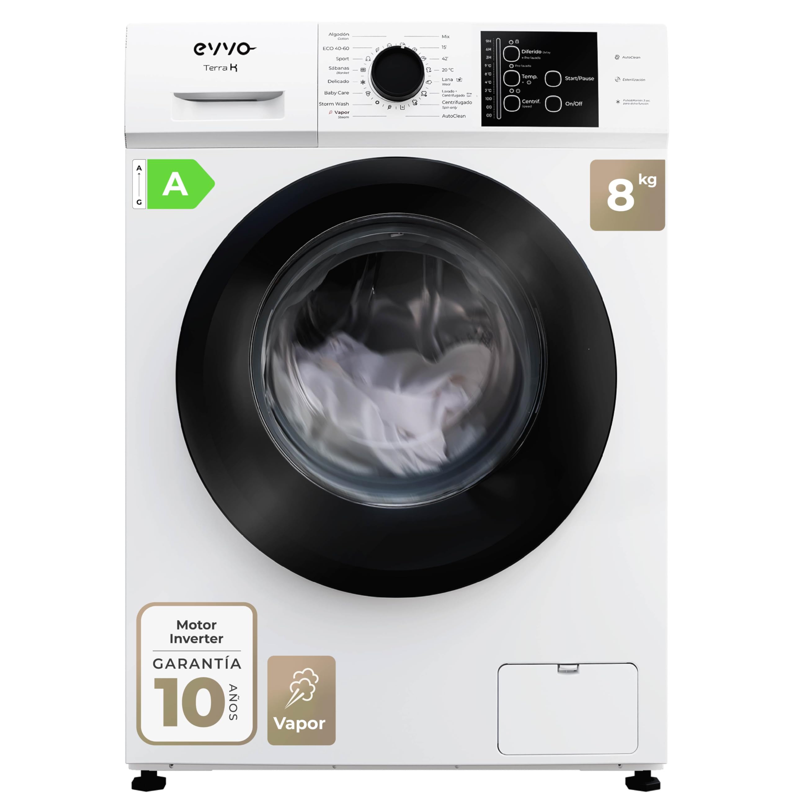 EVVO Lavadora Carga Frontal TERRA K8 - Lavadora Eficiencia Energética A, Motor eDRIVE Inverter, Función Vapor, 1000-1200 RPM, 16 Programas, Lavado Rápido, Limpieza de Tambor, lavadora 8 Kg Capacidad