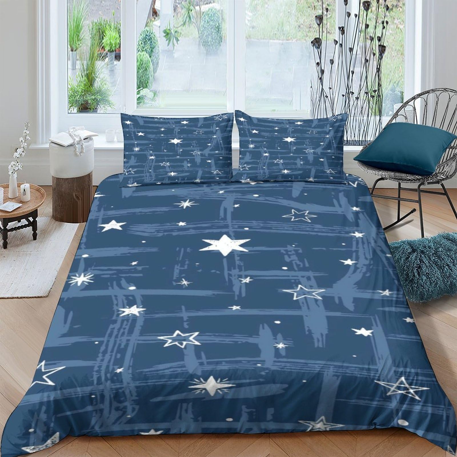 GPLZQXKJNH 3D Printed Blue Starry Night Duvet Cover Microfiber Soft Breathable Cosmic Sky Bedding Set with 2 Pillowcases for Bedroom Single（135x200cm）