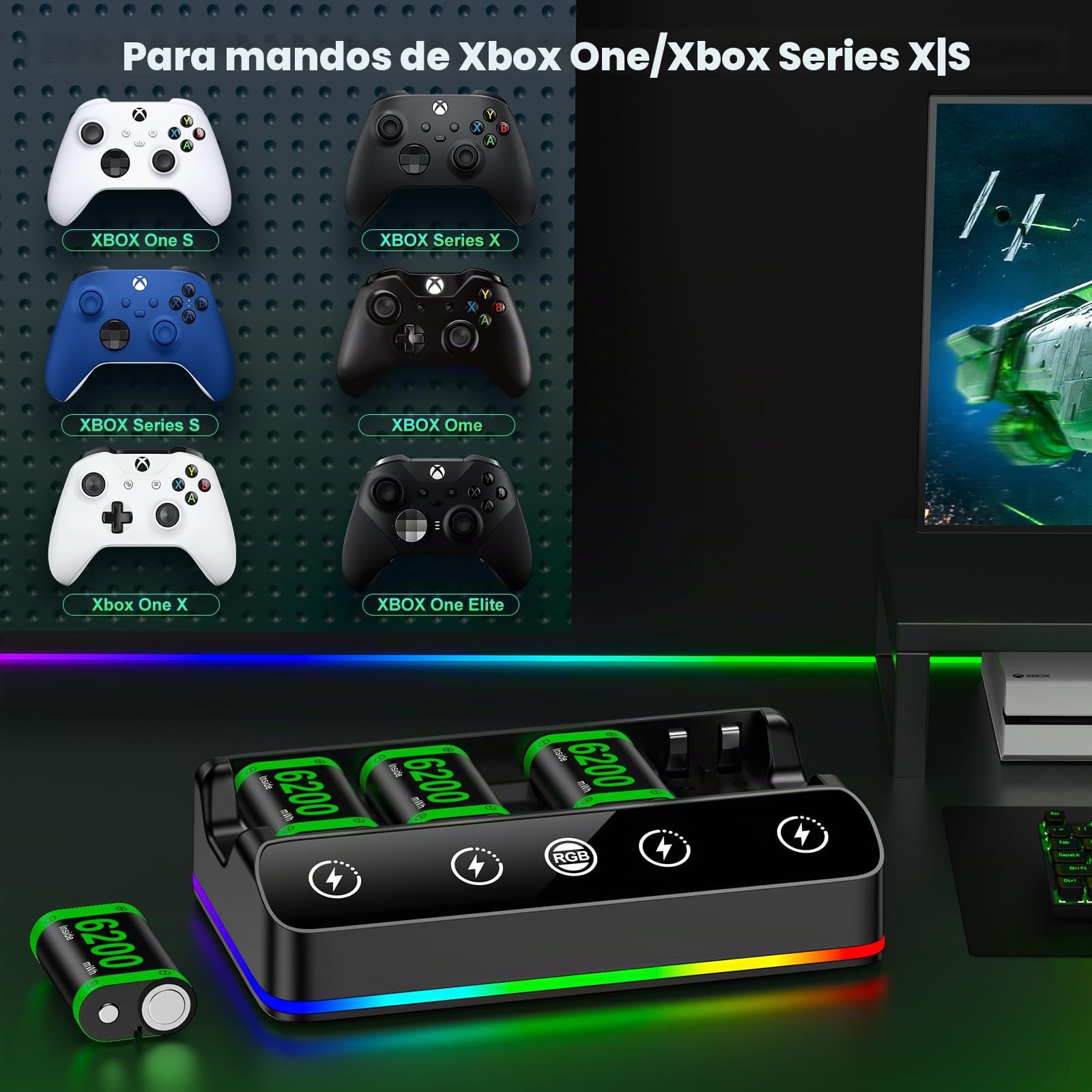HELLCOOL Paquete de batería para controlador Xbox, batería recargable de 4 x 6200 mWh con base de carga/Cool RGB/cable de carga, cargador para Xbox Series X|S,One/Elite/S|X