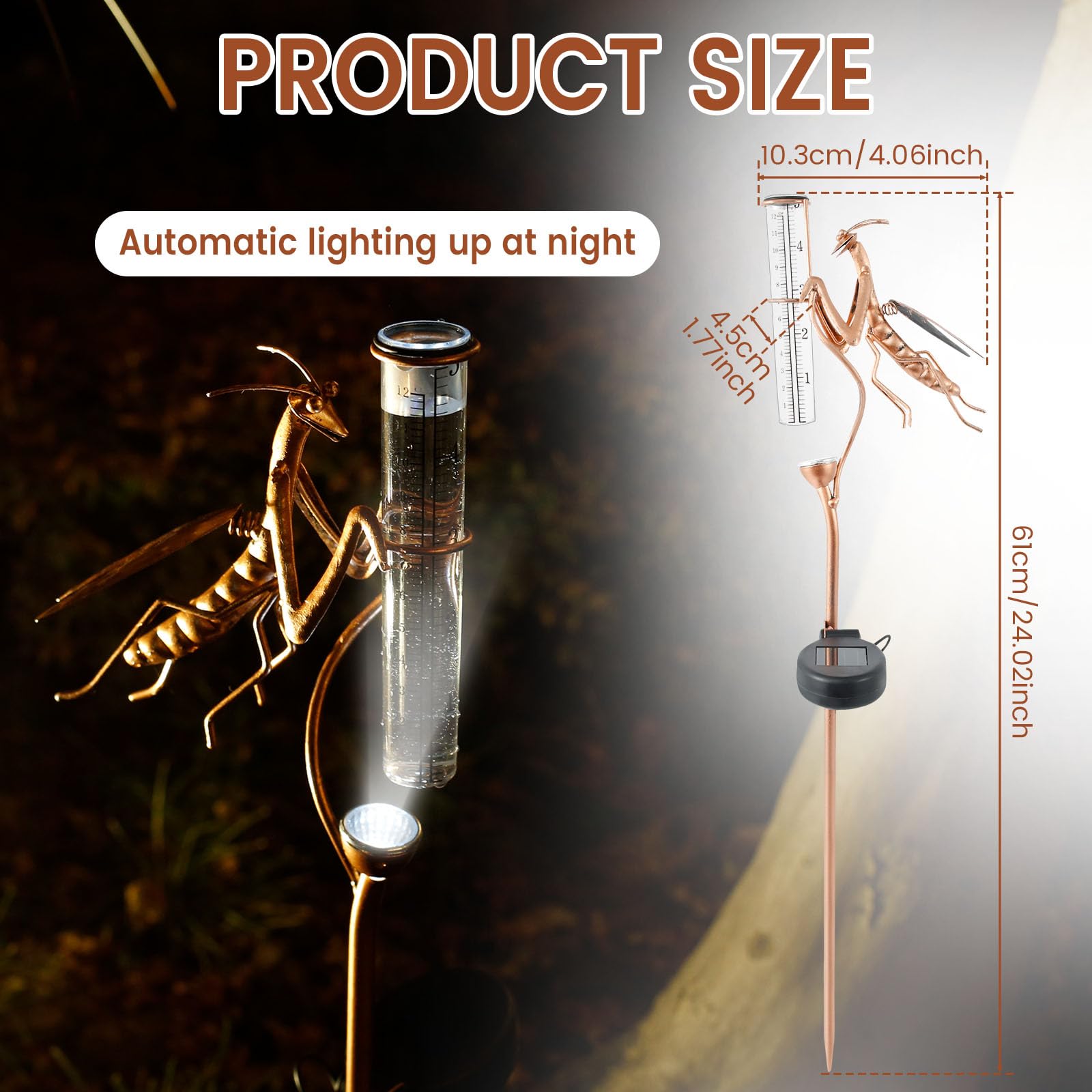 Rain Gauge with Stake, Outdoor Metal Mantis Shape Rain Gauges, Solar Rain Measure Gauge with Lights, Freeze Proof Acrylic Rain Gauge, Decorative Garden Rain Measure Tool for Gardens Lawn Patio