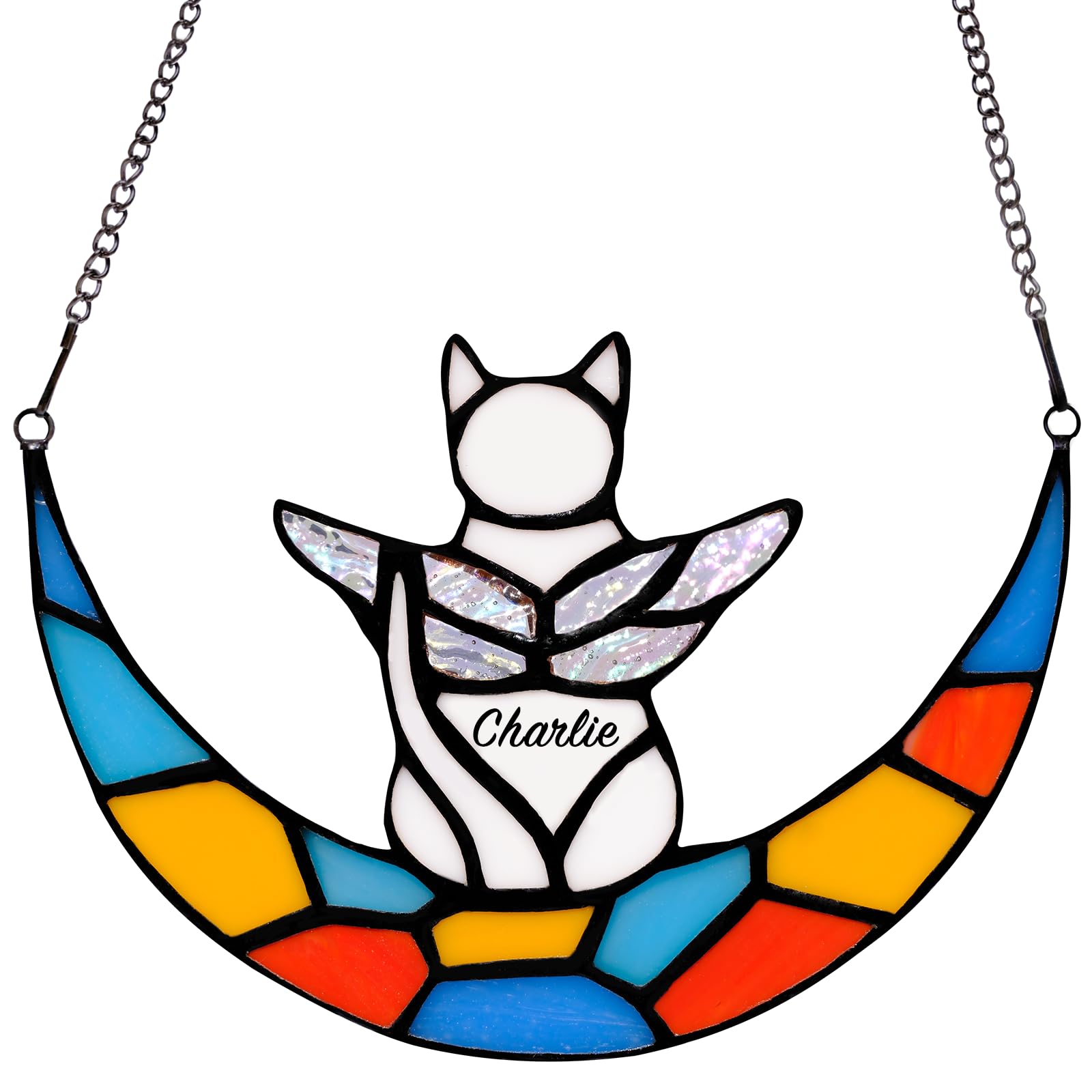 FUFYUKEY Angel White Cat Memorial Gifts - Stained Glass Window Hanging Decoration, Rainbow Bridge Cats Angel Wings Suncatcher, Cat Lovers Gifts Ornaments, Pet Loss Sympathy Gift for Window