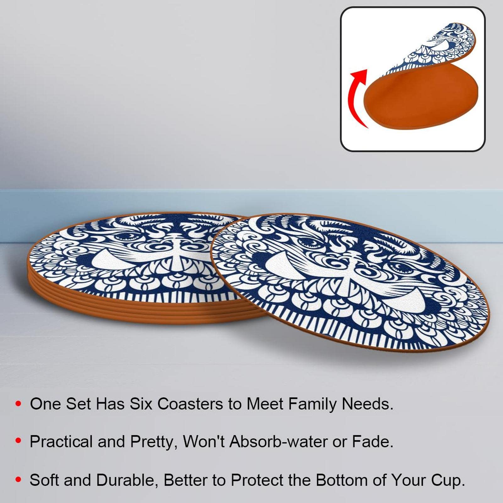 Blue Line Lot de 6 dessous de verre à motif lion pour boissons, verres à vin, tasses et tasses, réutilisables au bureau, cuisine, bar, 10,9 cm