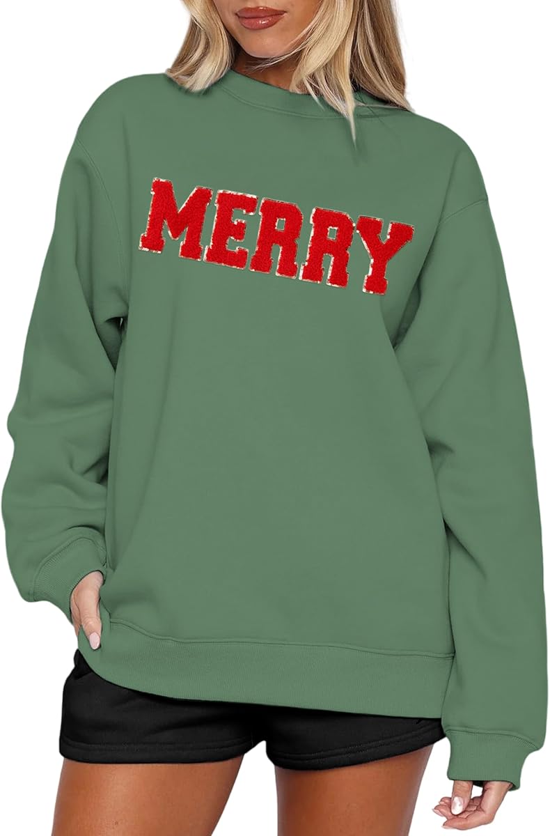 Merry Sweatshirts for Women Christmas Crewneck Fleece Lined Sweaters Chenille Sequin Letter Pullover Winter Tops