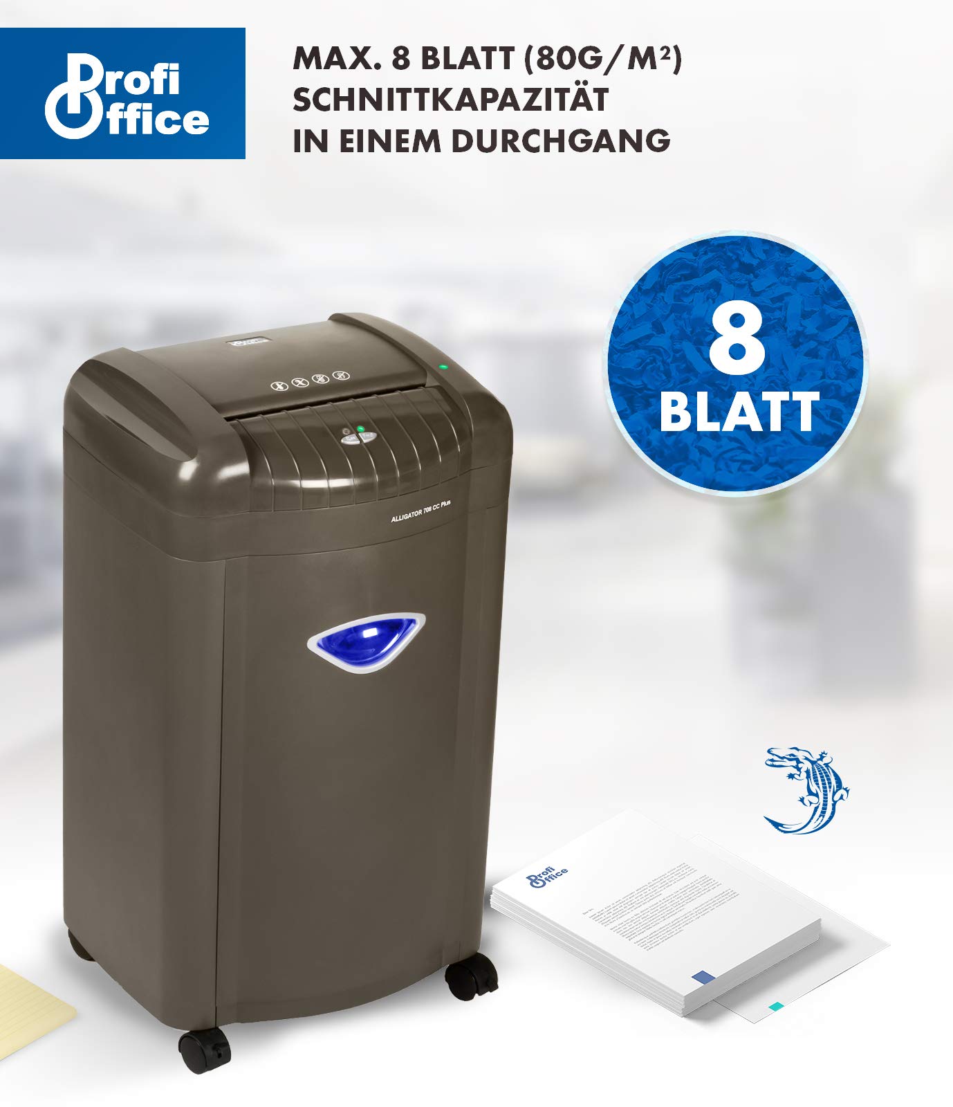 Destructora de Papel Alligator 708 CC+ – Trituradora Silenciosa Corte Cruzado P-4 | Whisper Technology | para Oficina y Hogar, Papelera 26L con Iluminación, 8 Hojas, 500W