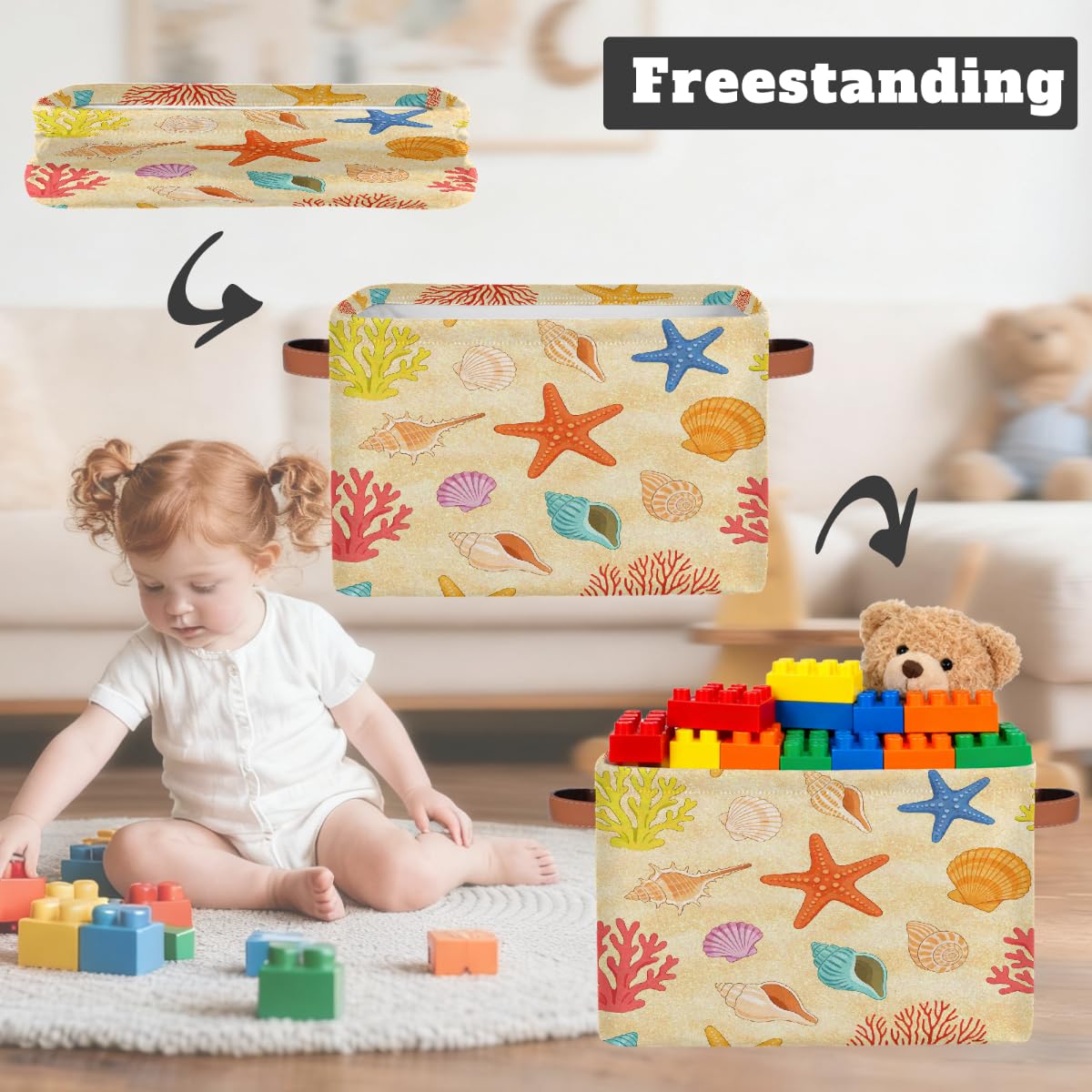 Rechteckiger Aufbewahrungskorb mit Ledergriffen, Cartoon-Sommer-Strand-Motiv, 2 Stück, faltbarer Stoff-Aufbewahrungskorb für Schrank, Badezimmer, Wohnzimmer, Büro, Spielzeug, Organizer