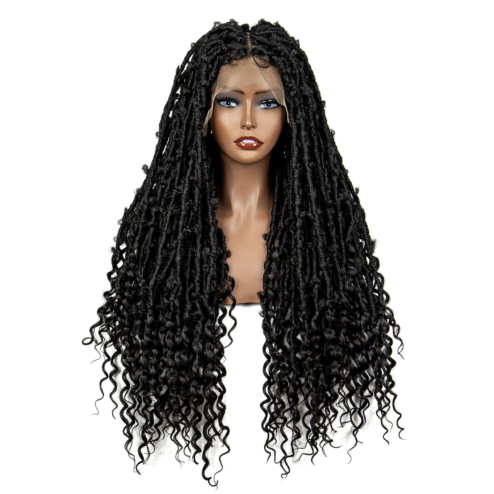 sedittyhairSynthetic Lace Front Dreadlock Wig Square Box Braided Wigs Water Wave Butterfly Locs Wig for American Black Women 30 Inches Natural Black Boho Handmade Braid Wigs