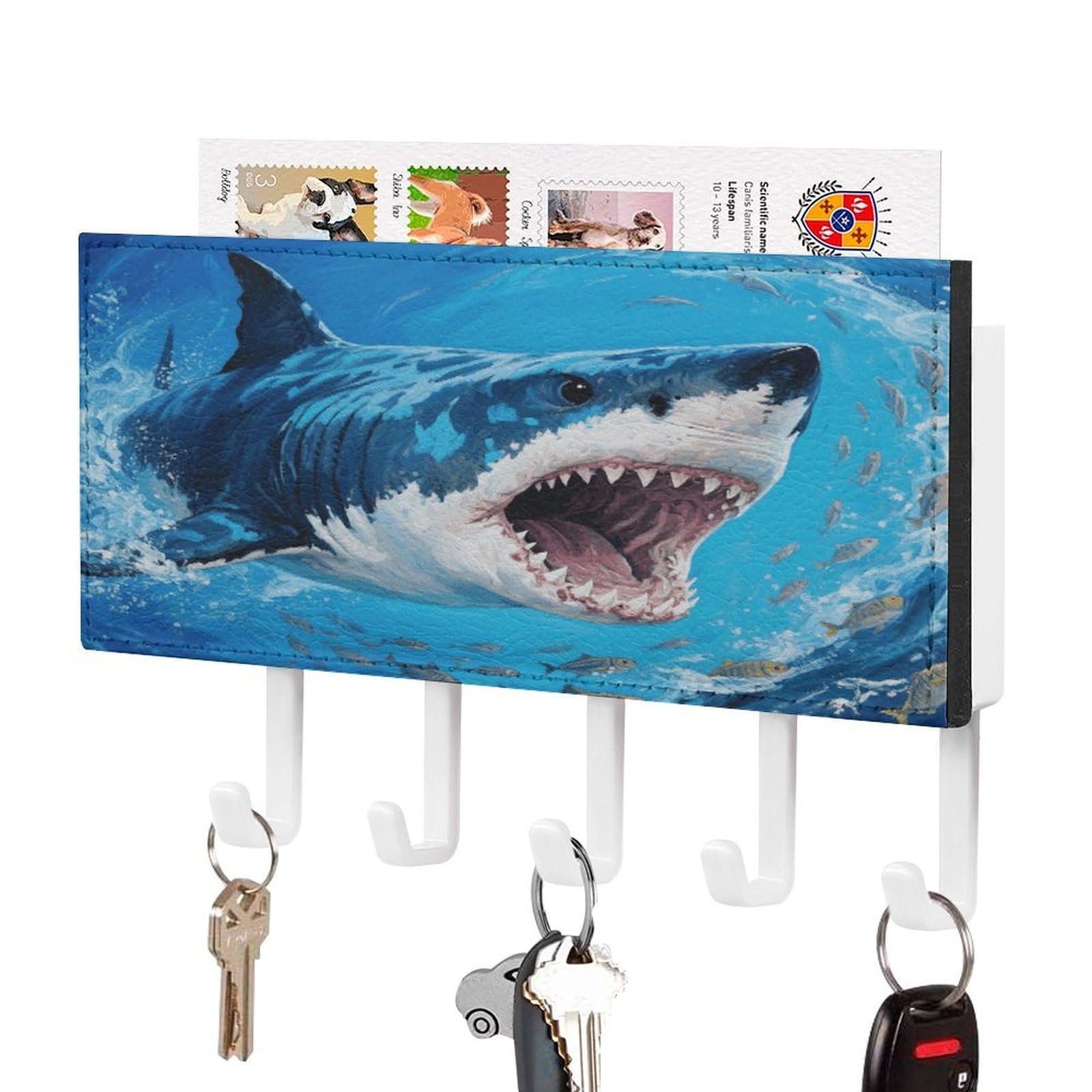 FekiLoot Fiercely Shark Key Holder for Wall Decorative Mail Organizer with 5 Key Hook Self Adhesive Key Rack with Tray Coat Rack Wall Mount Key Hanger Decor for Entryway Door