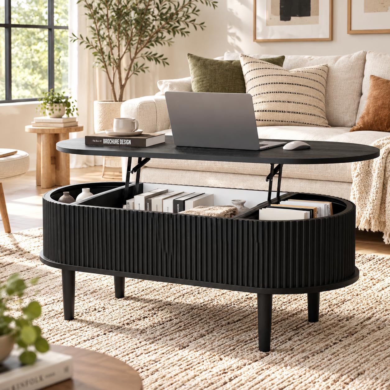 39" Oval Lift Top Coffee Table with Storage, Fluted Coffee Table, Black