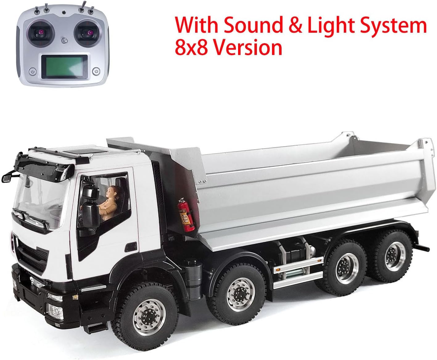 1/14 Metal Hydraulic RC Dump Truck 8X8 Radio Control Tipper Car 2-Speed Gearbox Hobby Grade Model(White, Silver Bucket)