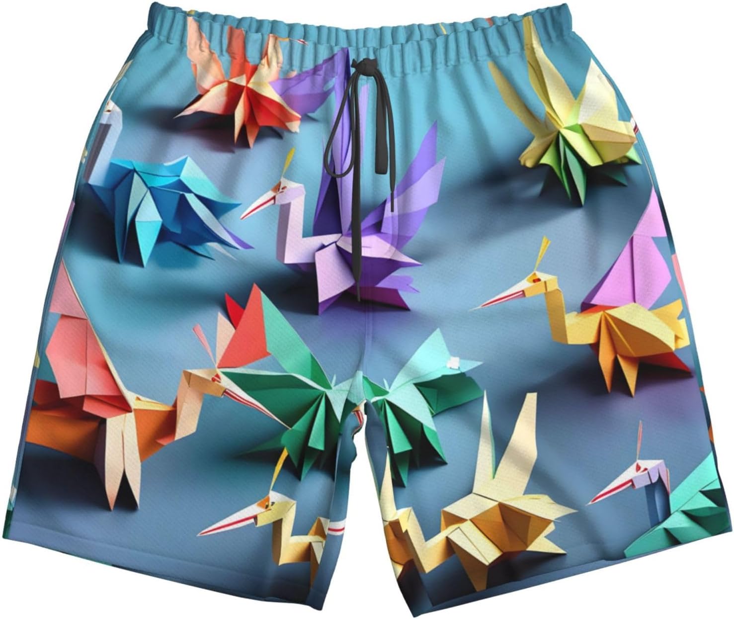 Mens Origami Multicolor Papercraft Cranes Print Beach Shorts,Casual Summer Shorts for Men,Quick Dry Polyester
